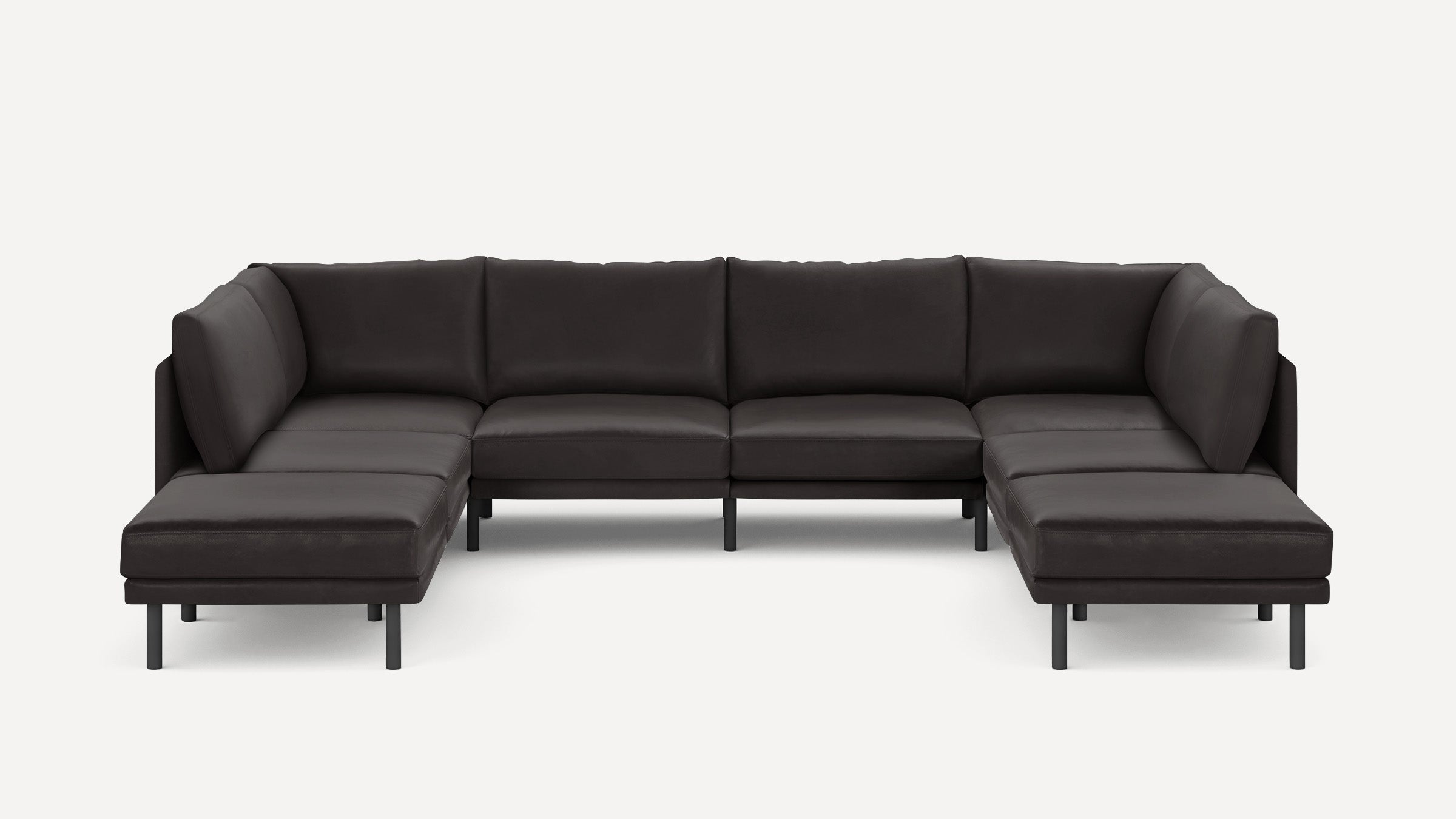 Modern dark brown leather U-shaped sectional sofa with clean lines, thick cushions, and black metal legs on a white background.