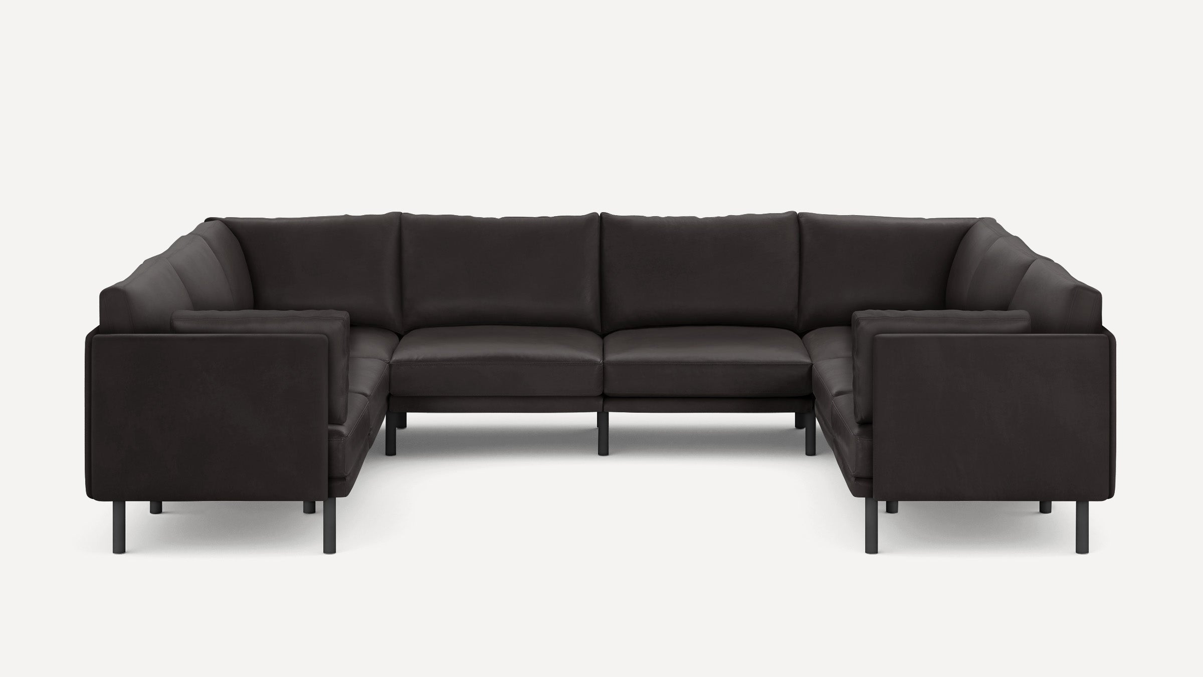 Modern dark brown sectional sofa with metal legs, featuring clean lines and plush cushions in an L-shaped design.