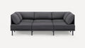 Modern dark gray three-seater sofa with cushions, straight arms, and slim black legs, set against a plain white background.