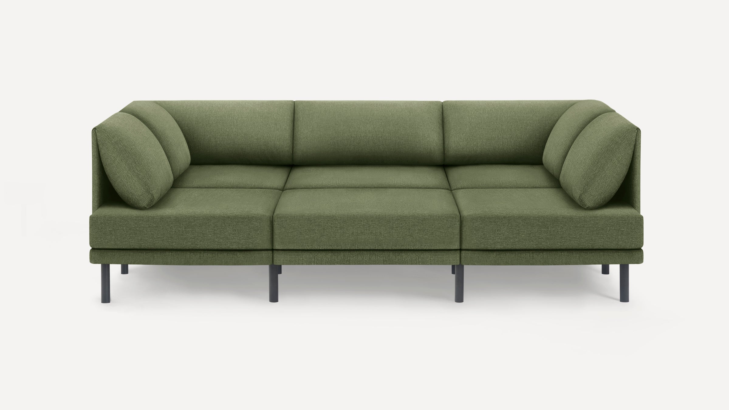 Modern olive-green upholstered sectional sofa with clean lines and angled back cushions on slim black metal legs.