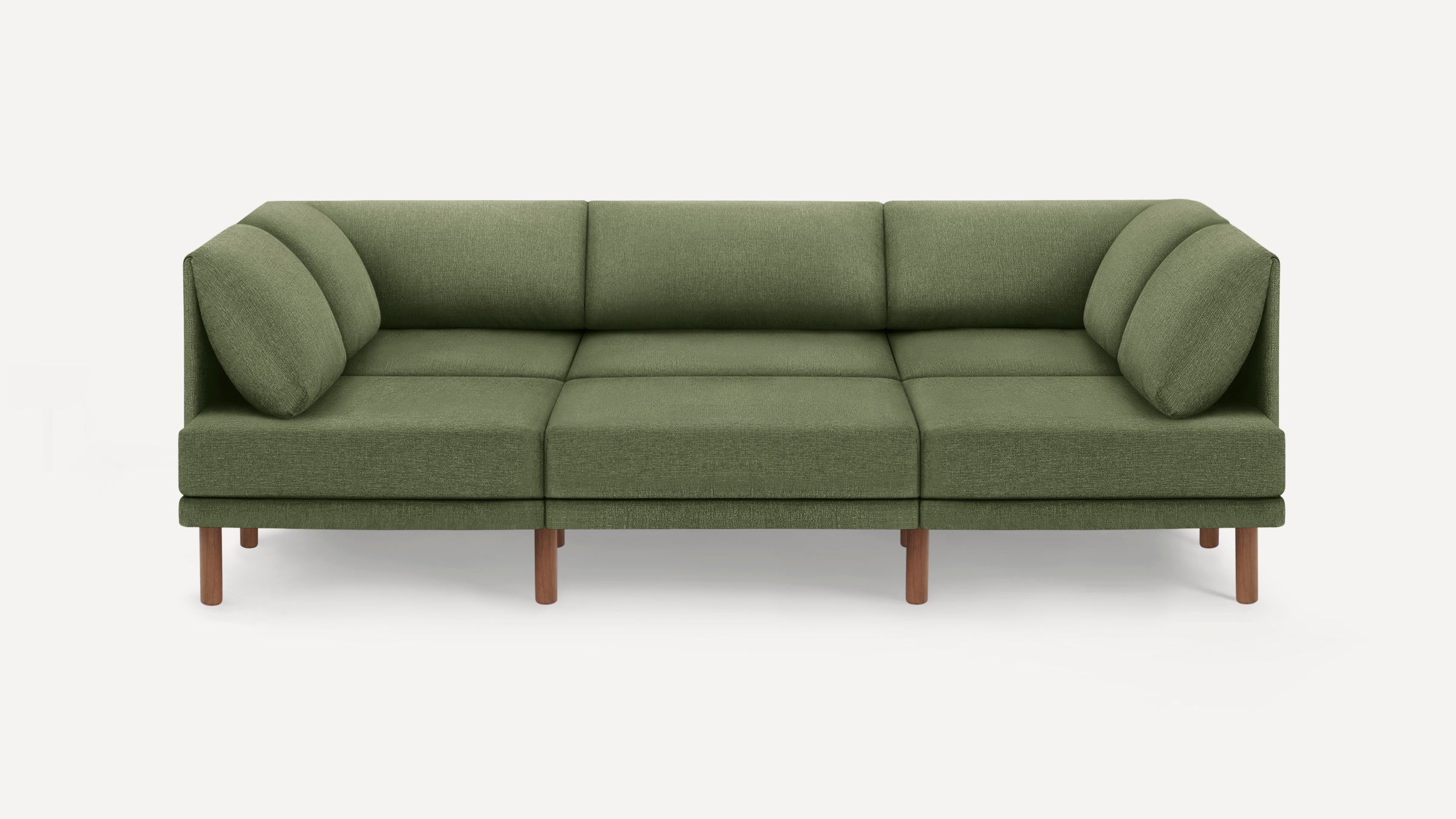 Modern three-seater sofa with olive green fabric upholstery and wooden legs, featuring cushioned backrest and armrests.