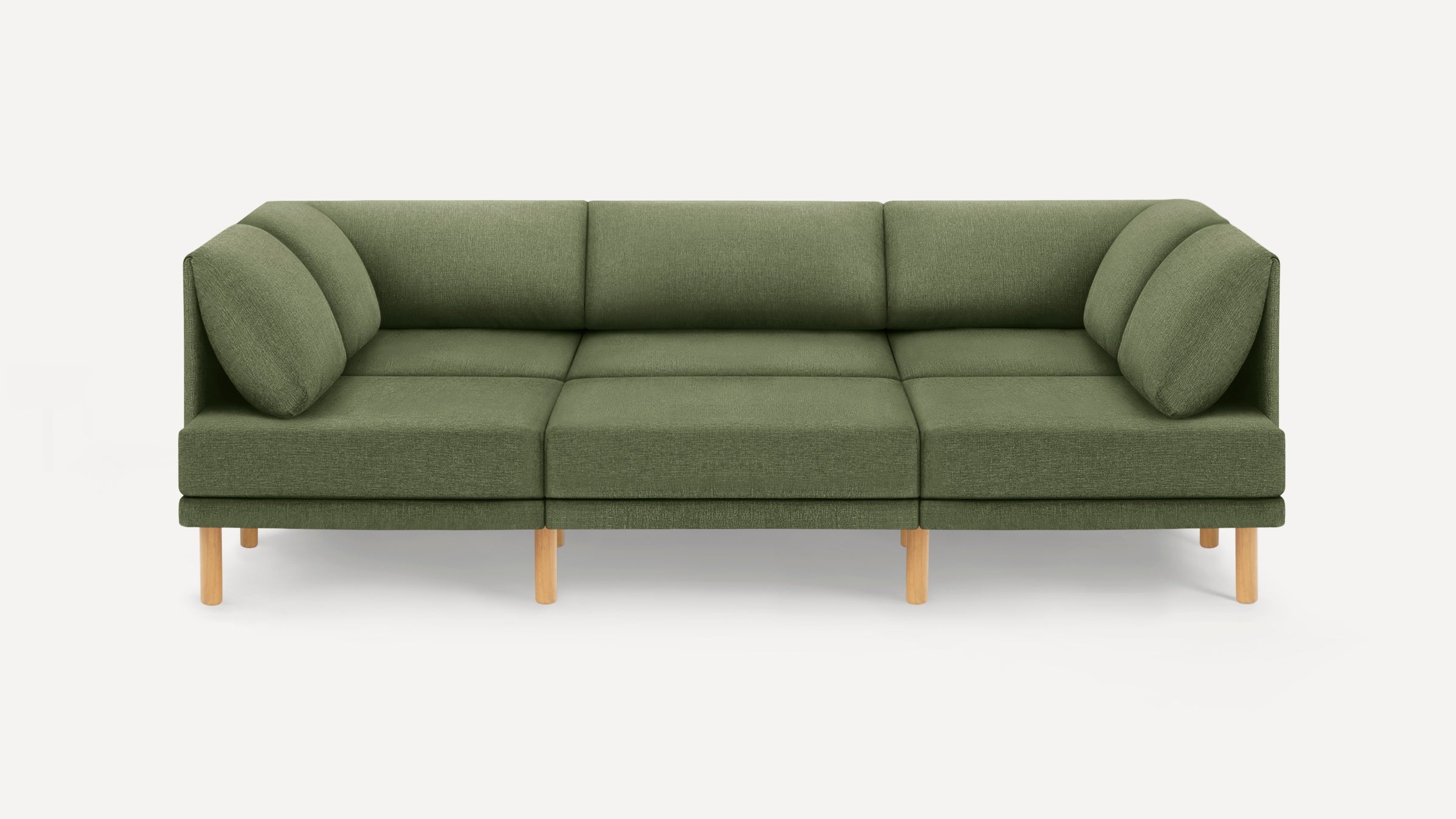 Modern olive green three-seater sofa with wooden legs, clean lines, plush cushions, and supportive angled backrest, set against a white background.