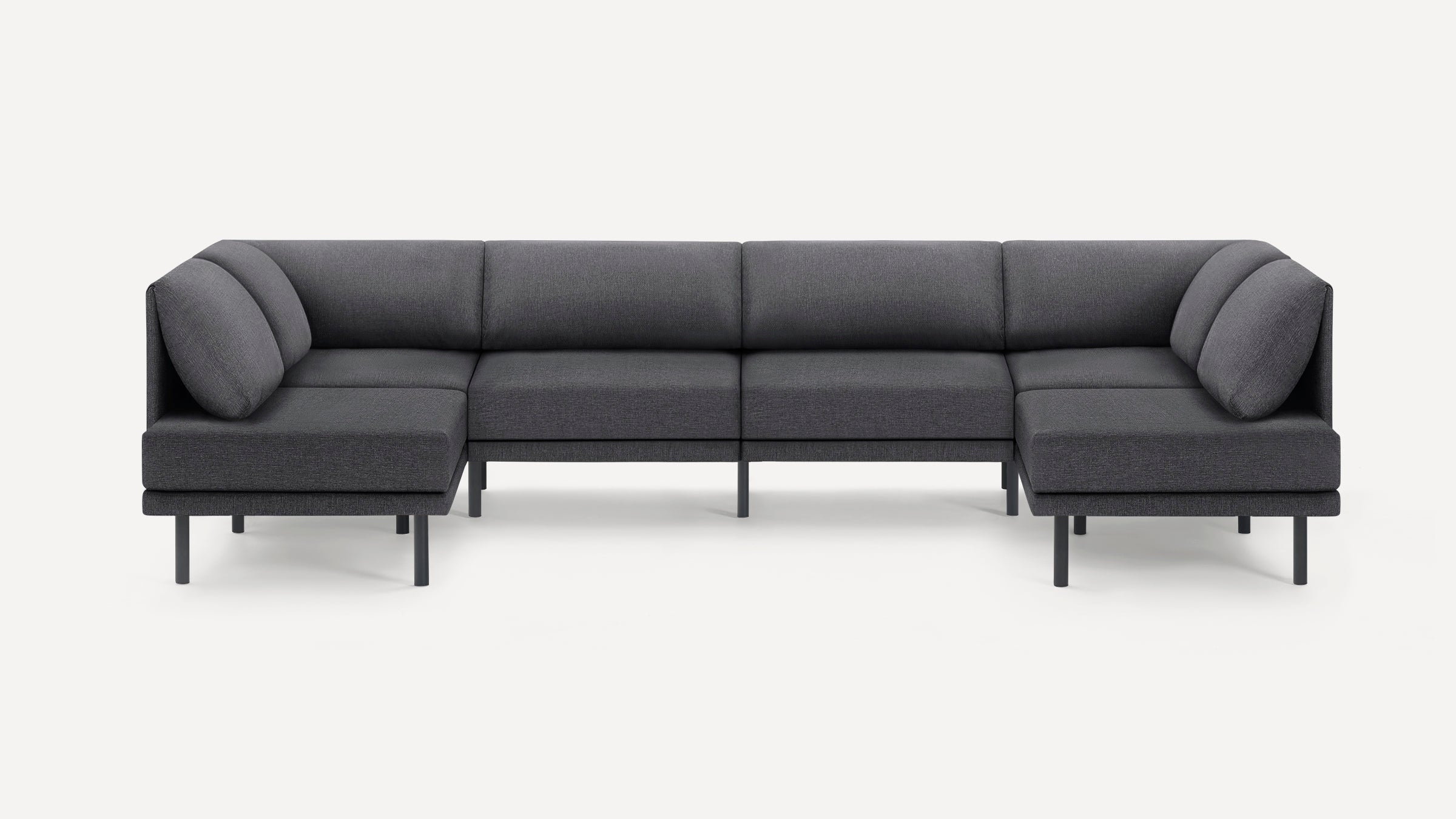 Dark gray modern modular sectional sofa with metal legs, featuring plush cushions and an L-shaped design for spacious seating.