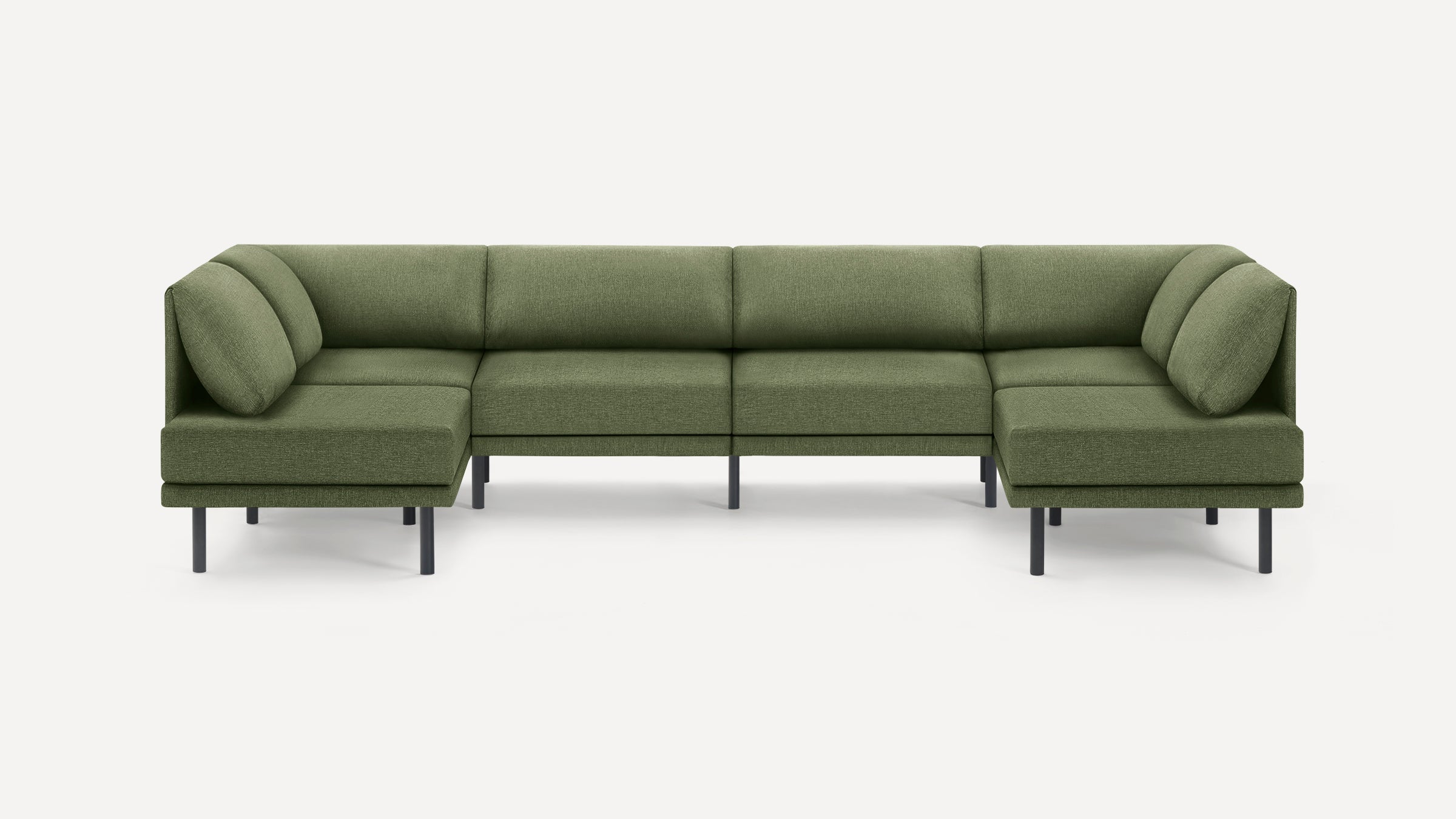 Modern olive green L-shaped sectional sofa with plush cushions and black metal legs on a plain white background.