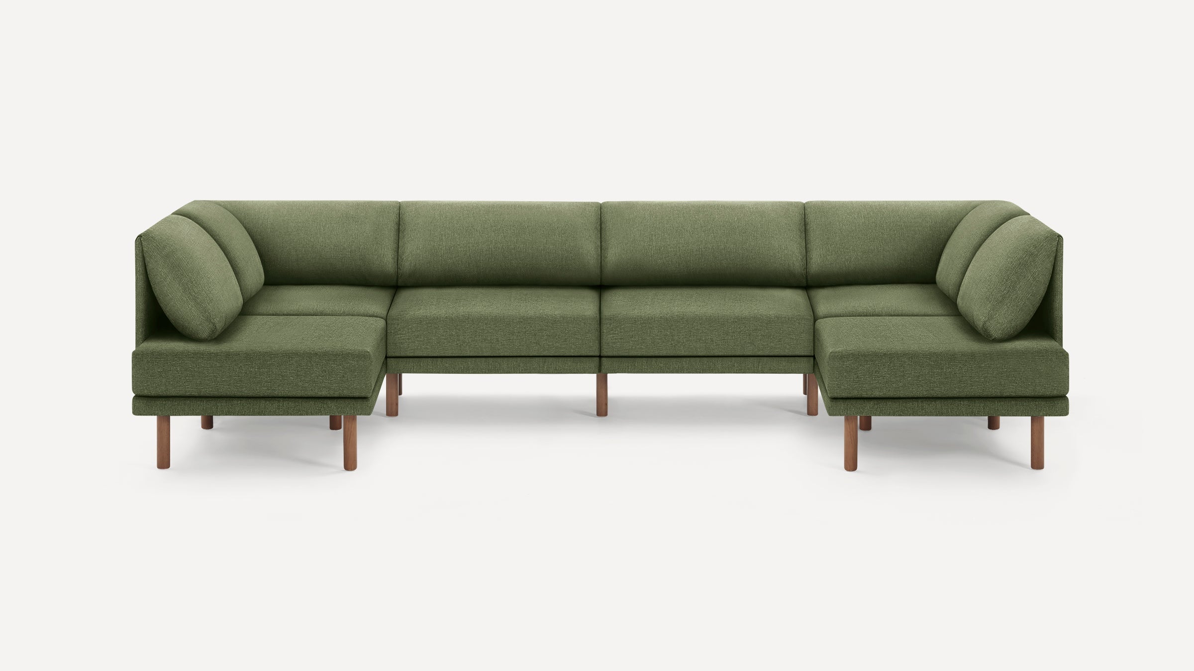 Modern olive green sectional sofa with wooden legs, clean lines, and plush cushions designed for spacious seating.