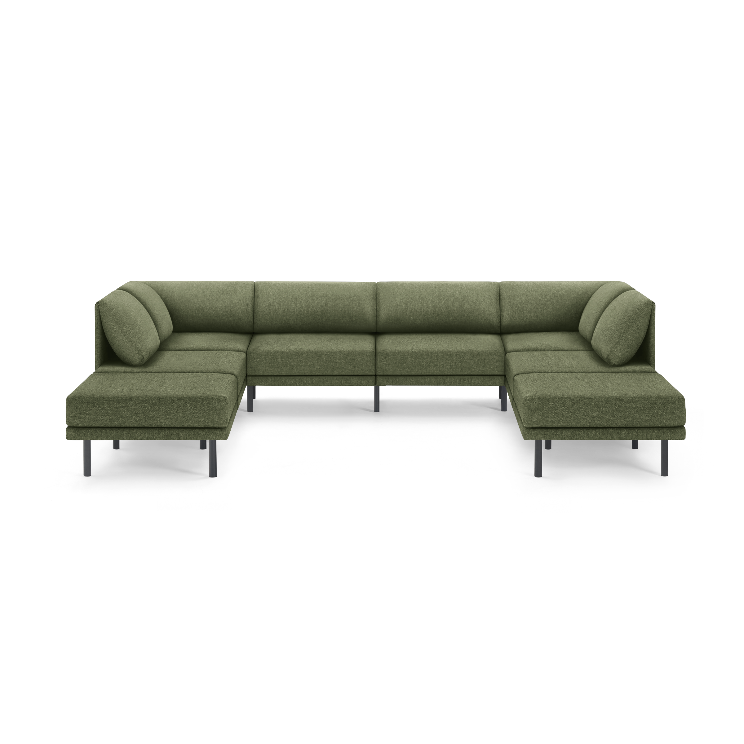 Modern Moss green U-shaped sectional sofa with thin black legs and matching back cushions against a transparent background.