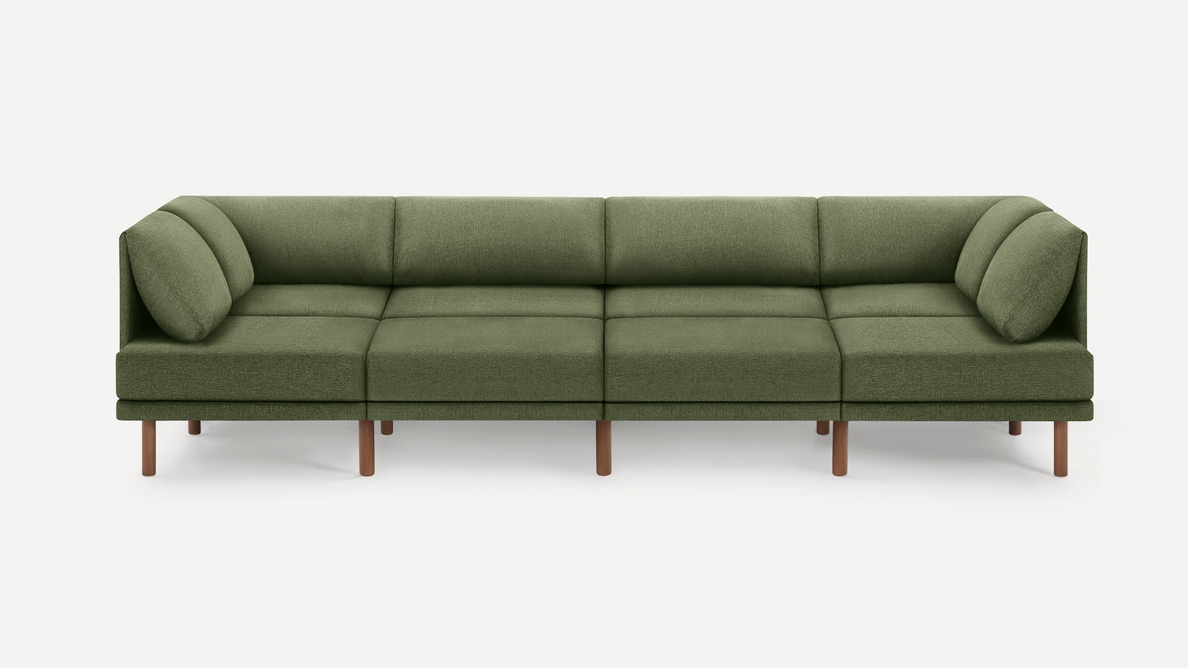 Modern olive green sectional sofa with clean lines, plush cushions, and wooden legs, designed for spacious seating.