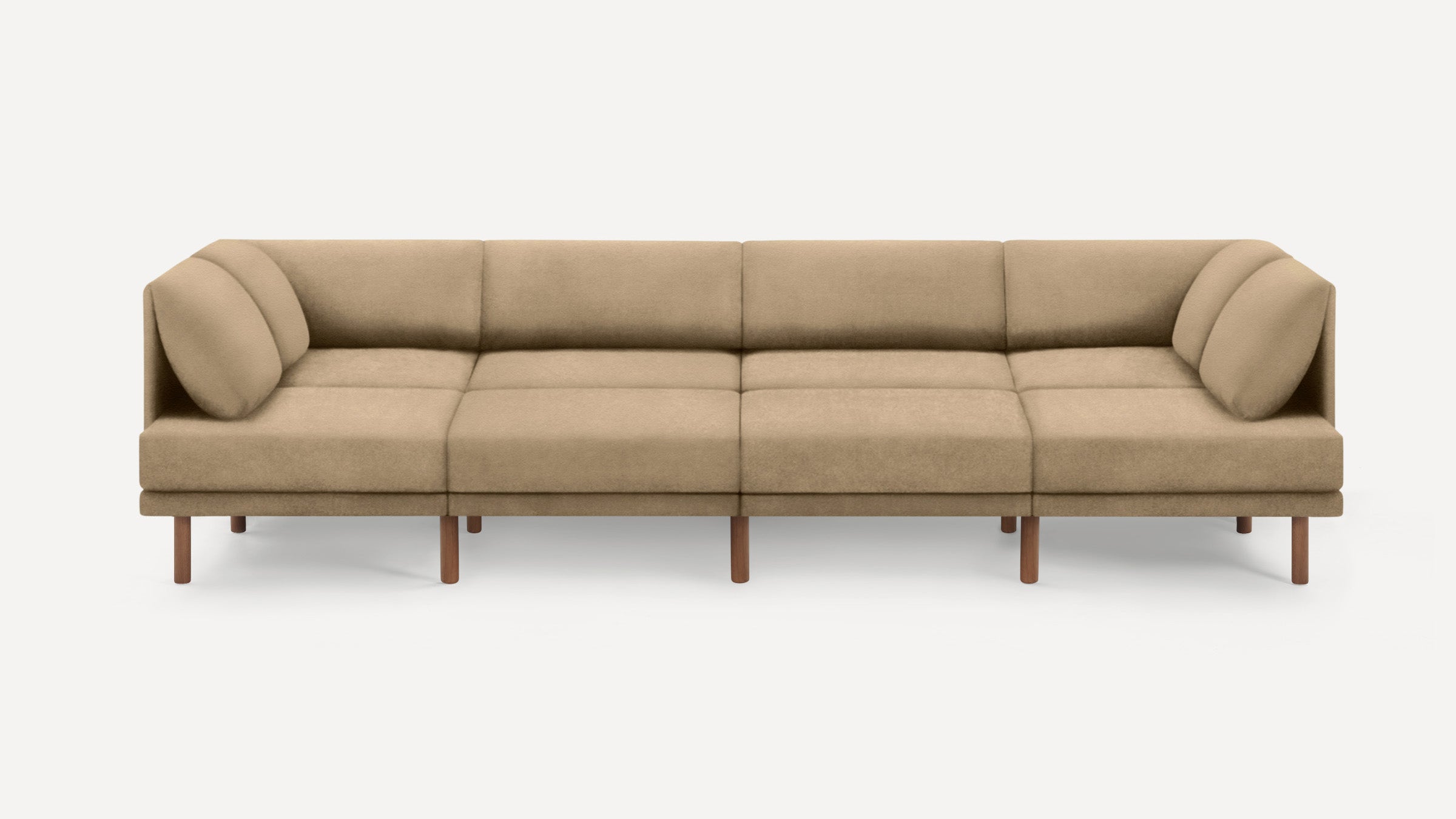 Modern beige sectional sofa with clean lines, cushioned backrests, and wooden legs, designed for spacious seating.
