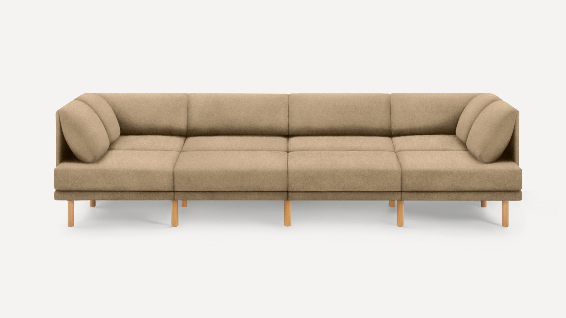 Modern beige sectional sofa with plush cushions and wooden legs, designed for spacious seating and comfort.