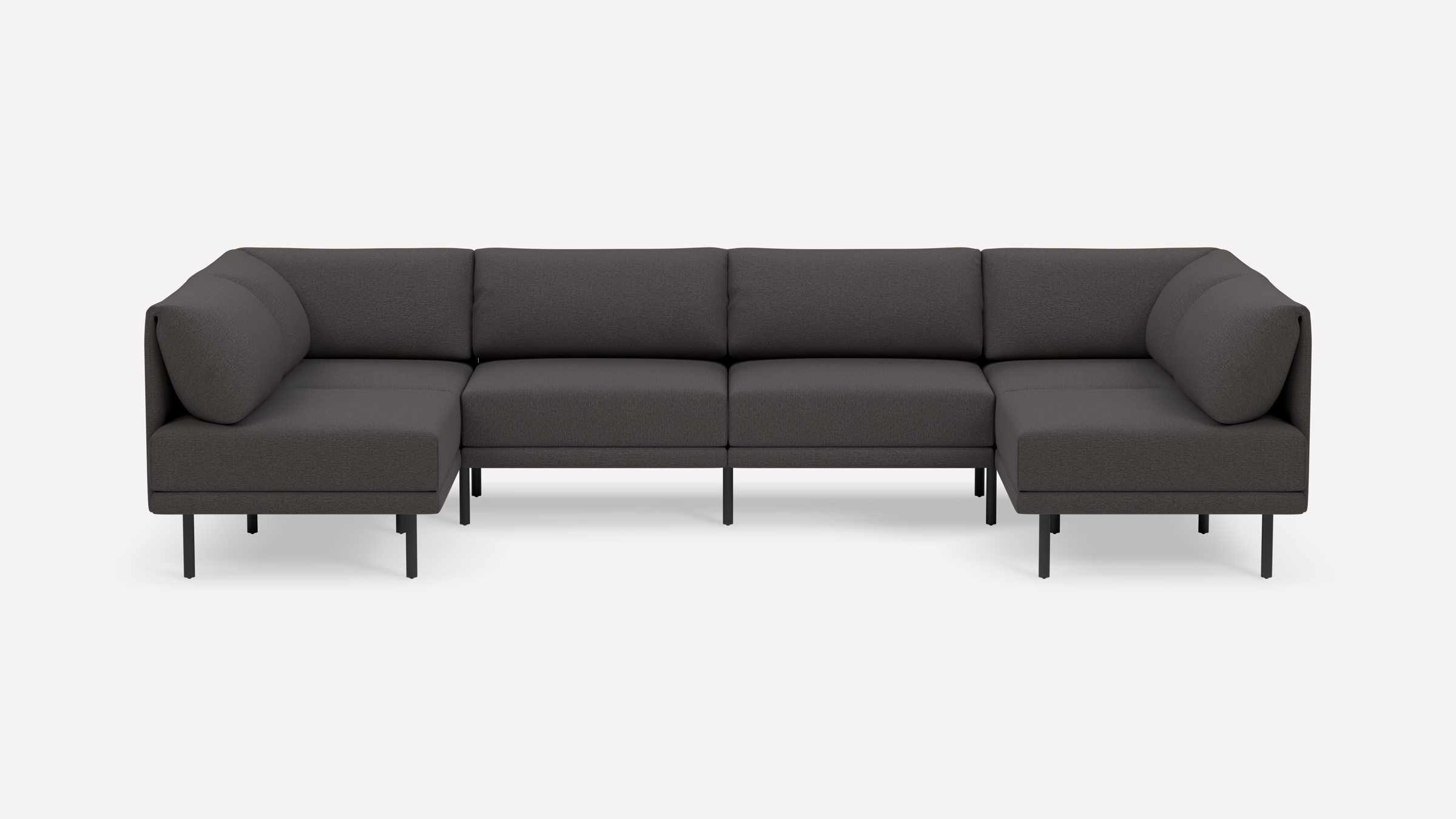 Modern dark gray L-shaped sectional sofa with clean lines, cushioned seats, and slender black metal legs on a white background.