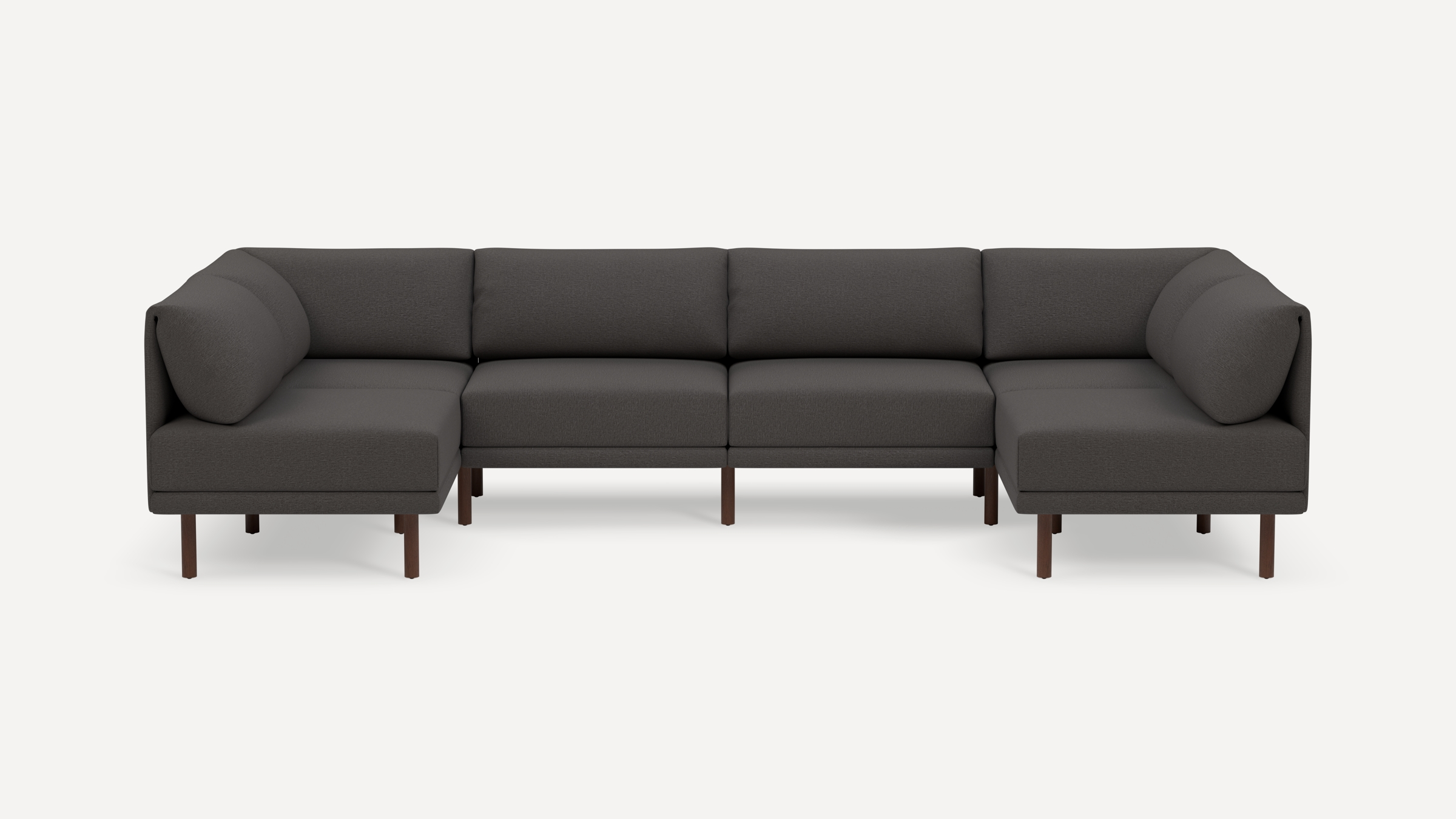 Dark gray modern sectional sofa with clean lines, cushioned seats, and wooden legs against a white background.