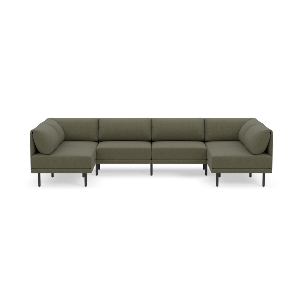 Modern U-shaped sectional sofa in Moss green upholstery with slim black metal legs and plush cushions.