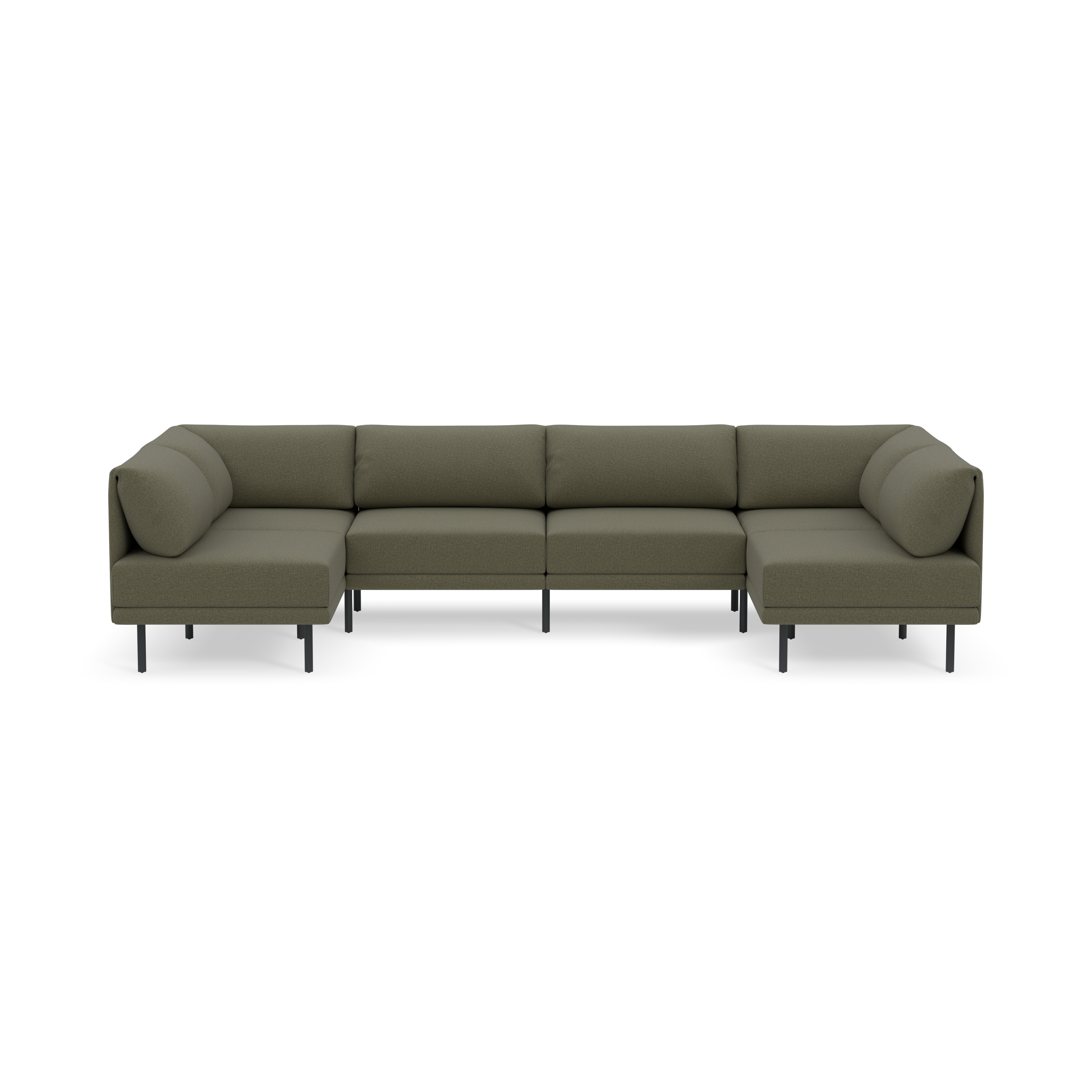 Modern U-shaped sectional sofa in Moss green upholstery with slim black metal legs and plush cushions.