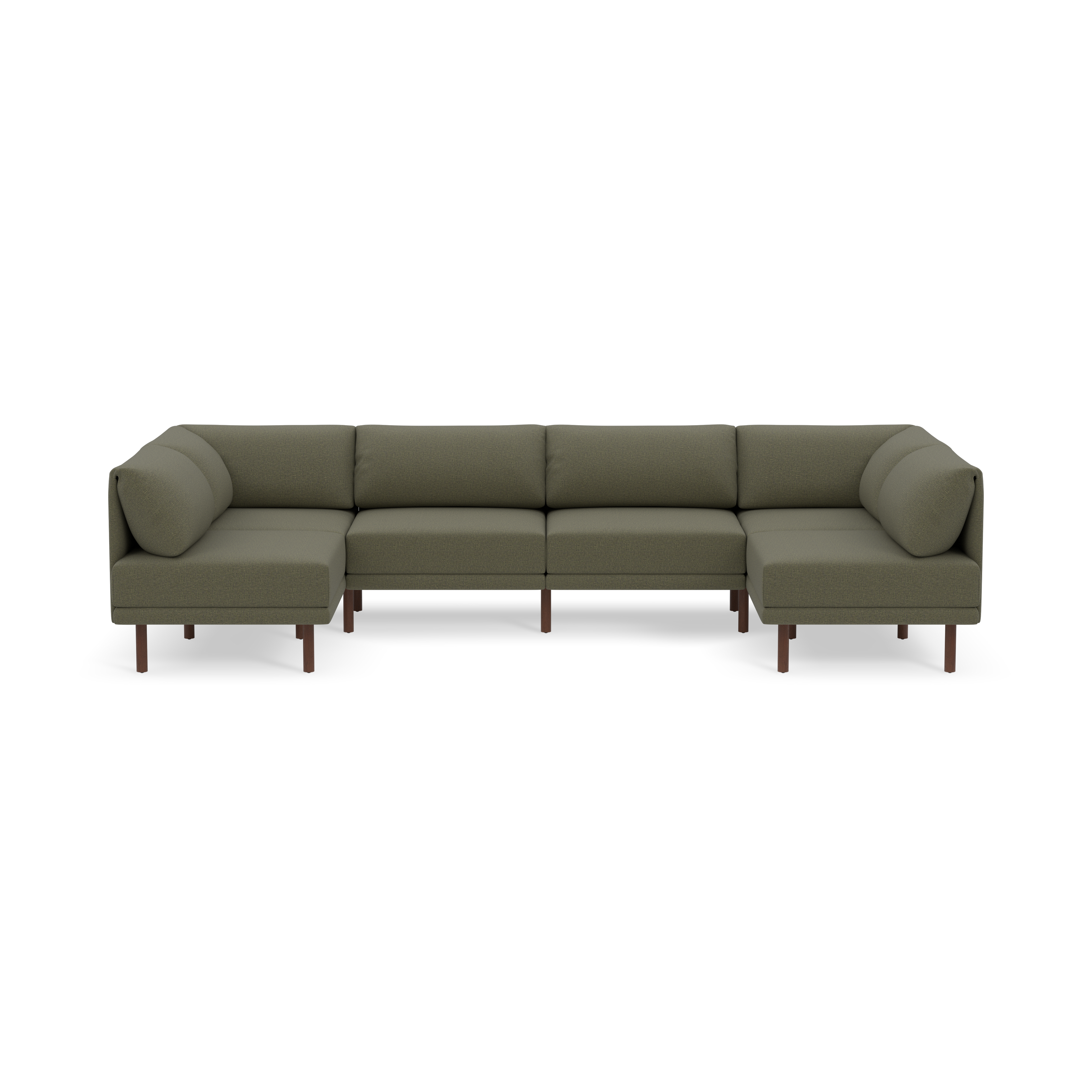 Large Moss green sectional sofa with wooden legs, featuring cushioned seats and backrests, designed for spacious seating.