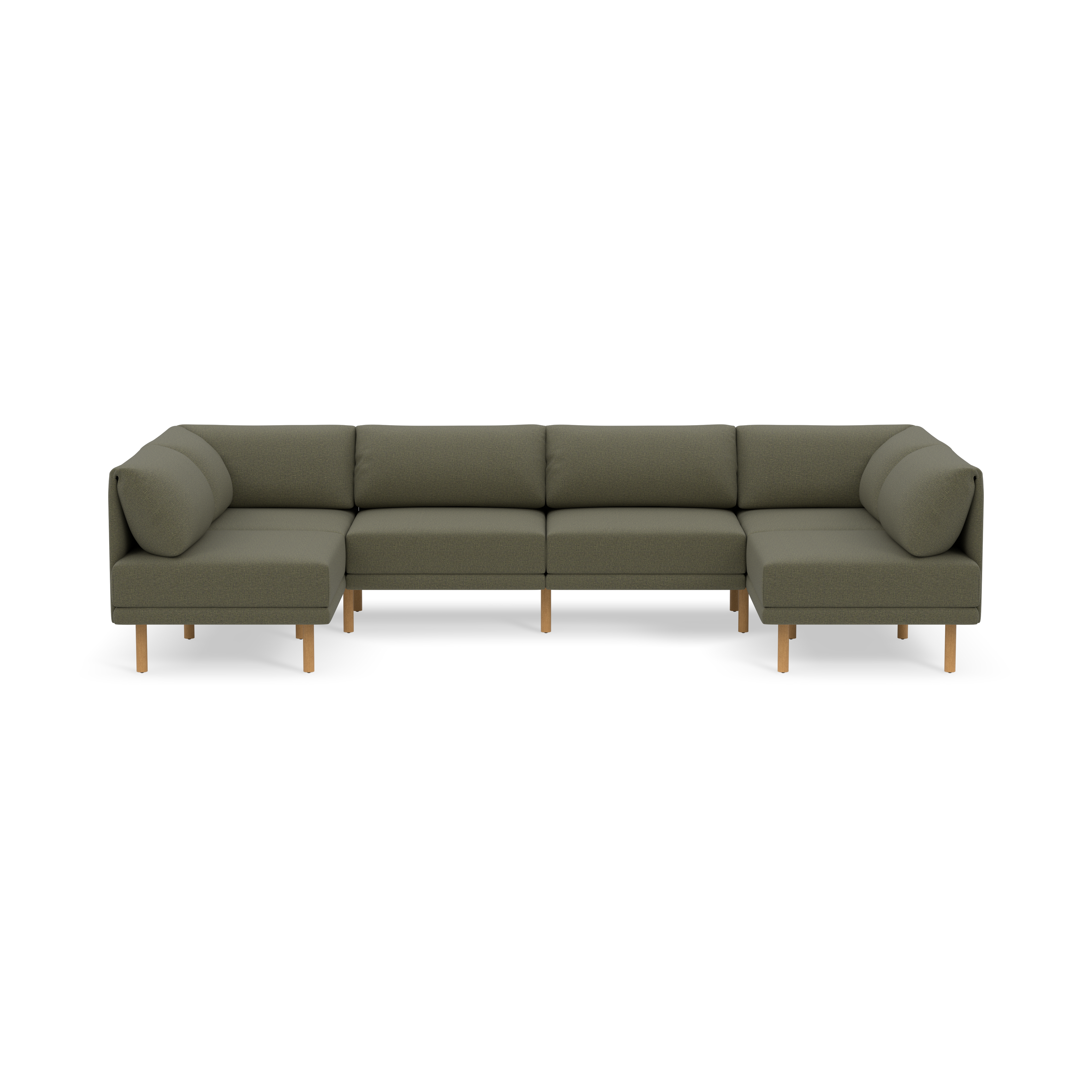 Modern Moss green L-shaped sofa with wooden legs, cushioned seats and backrests, designed for spacious seating and comfort.