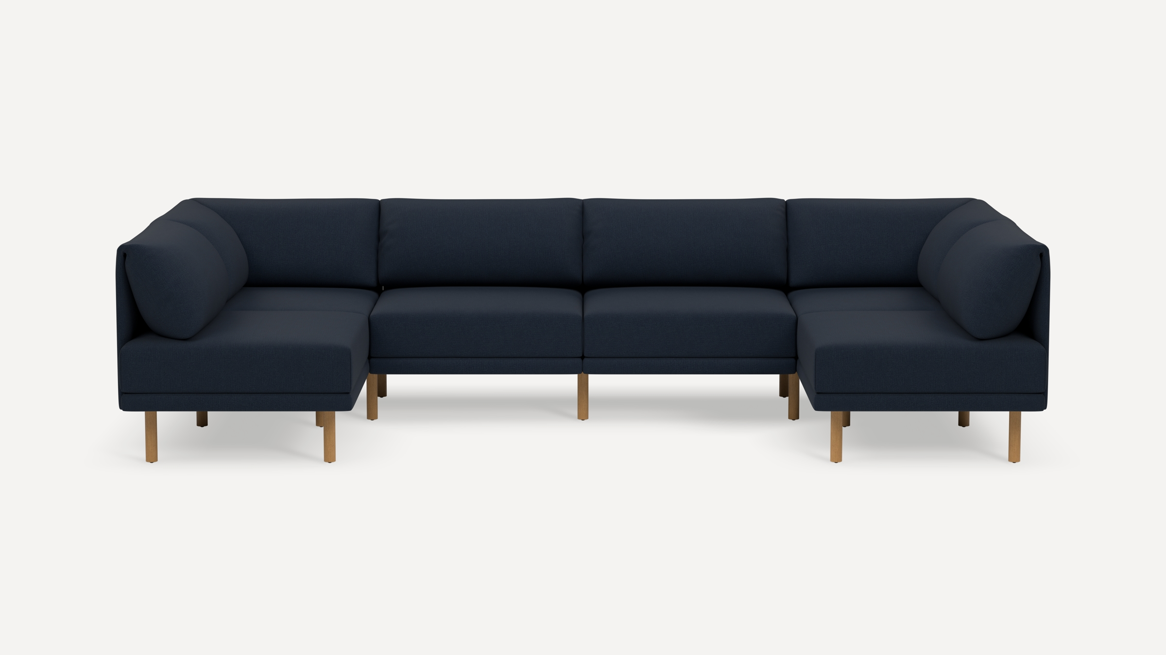 Modern navy blue sectional sofa with wooden legs, featuring clean lines and plush cushions for comfortable seating.