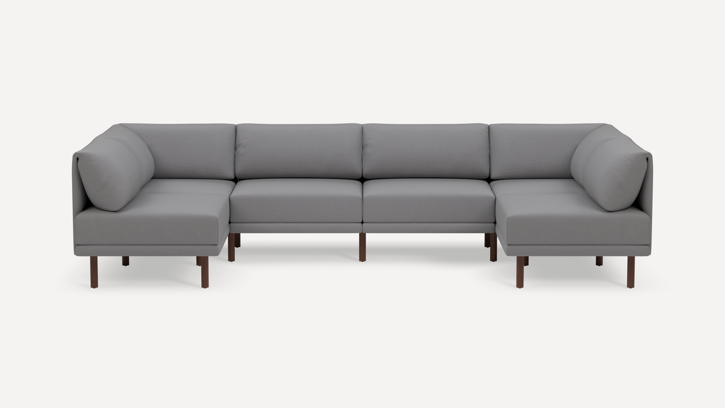 Modern gray fabric modular sectional sofa with clean lines and wooden legs on white background.