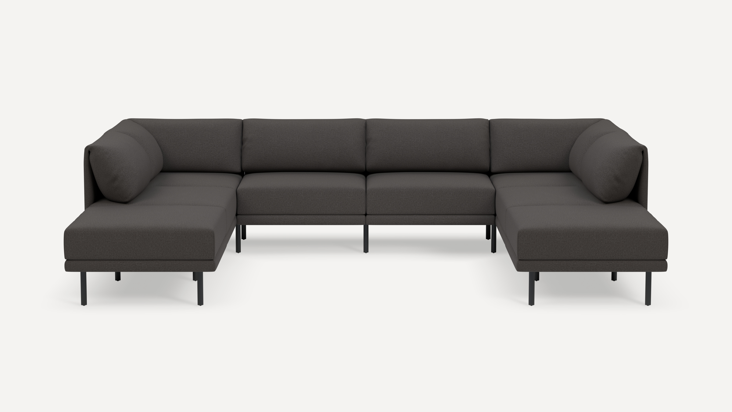Modern dark gray fabric U-shaped sectional sofa with metal legs and cushioned backrests on a white background.