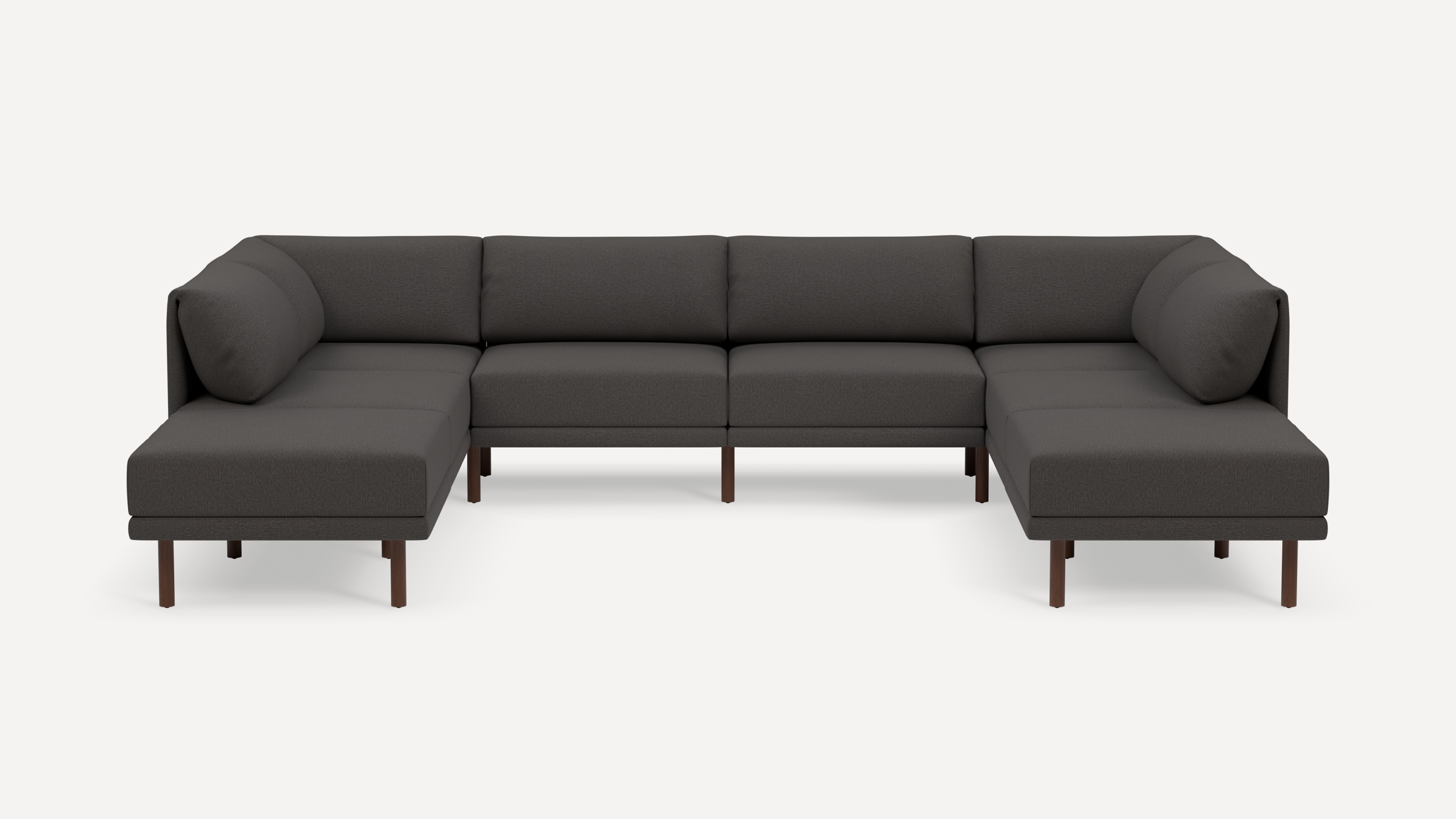 Modern U-shaped sectional sofa with dark gray fabric upholstery and wooden legs, featuring cushioned backrests and armrests.