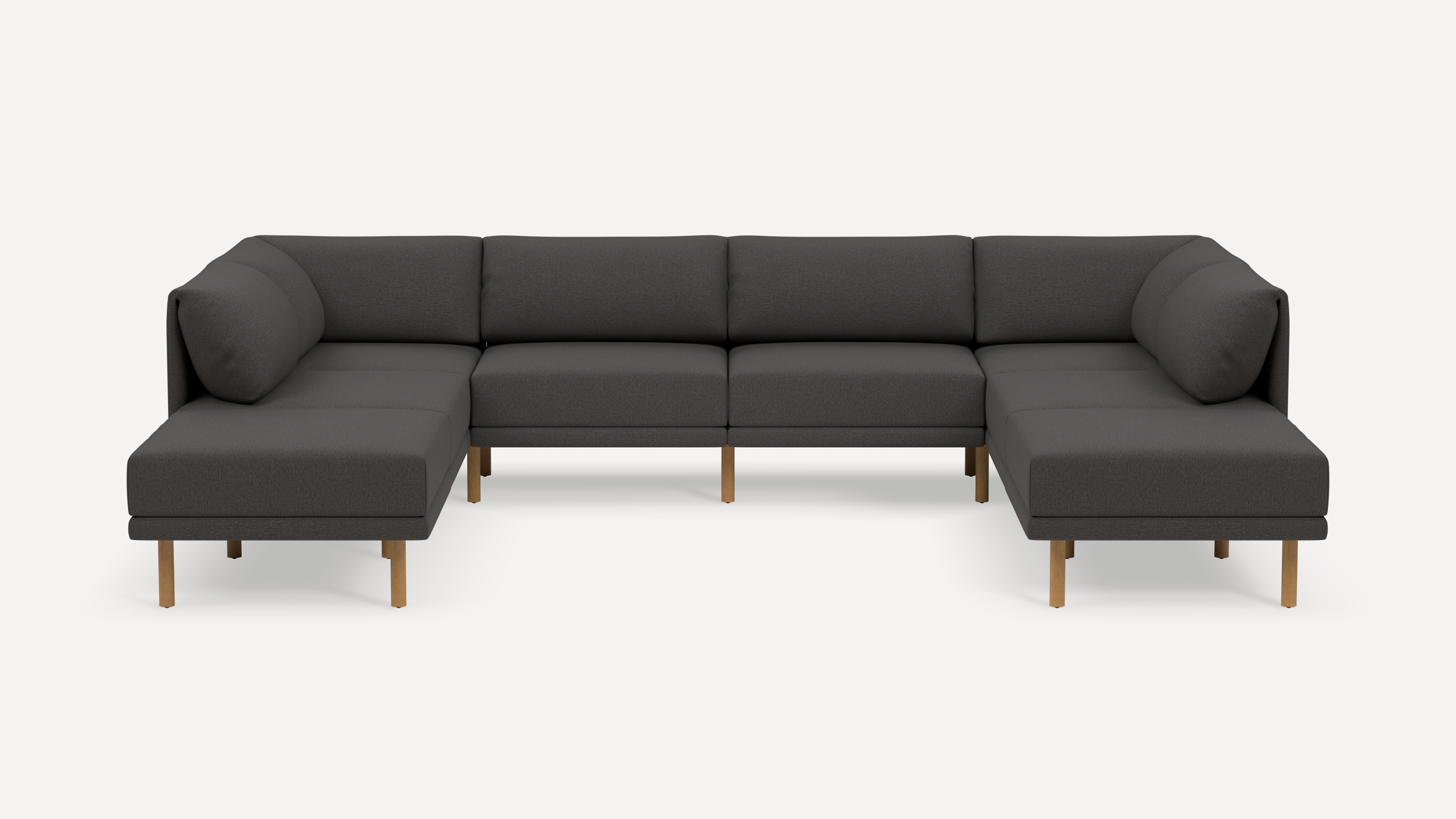 Modern dark gray fabric sectional sofa with wooden legs, low backrests, and clean, minimalist design.
