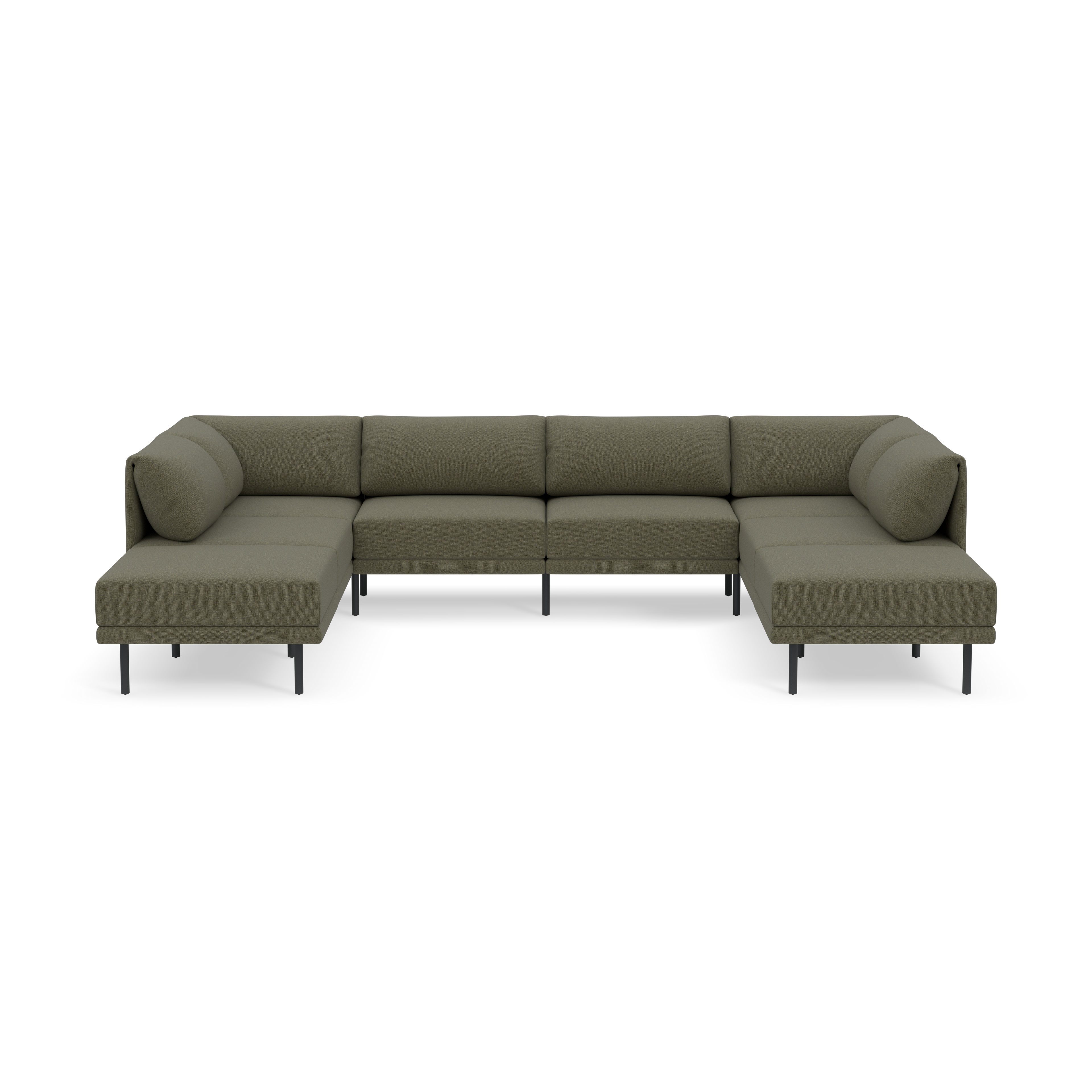 Modern U-shaped sectional sofa in muted Moss green fabric with sleek black metal legs and cushioned backrests.