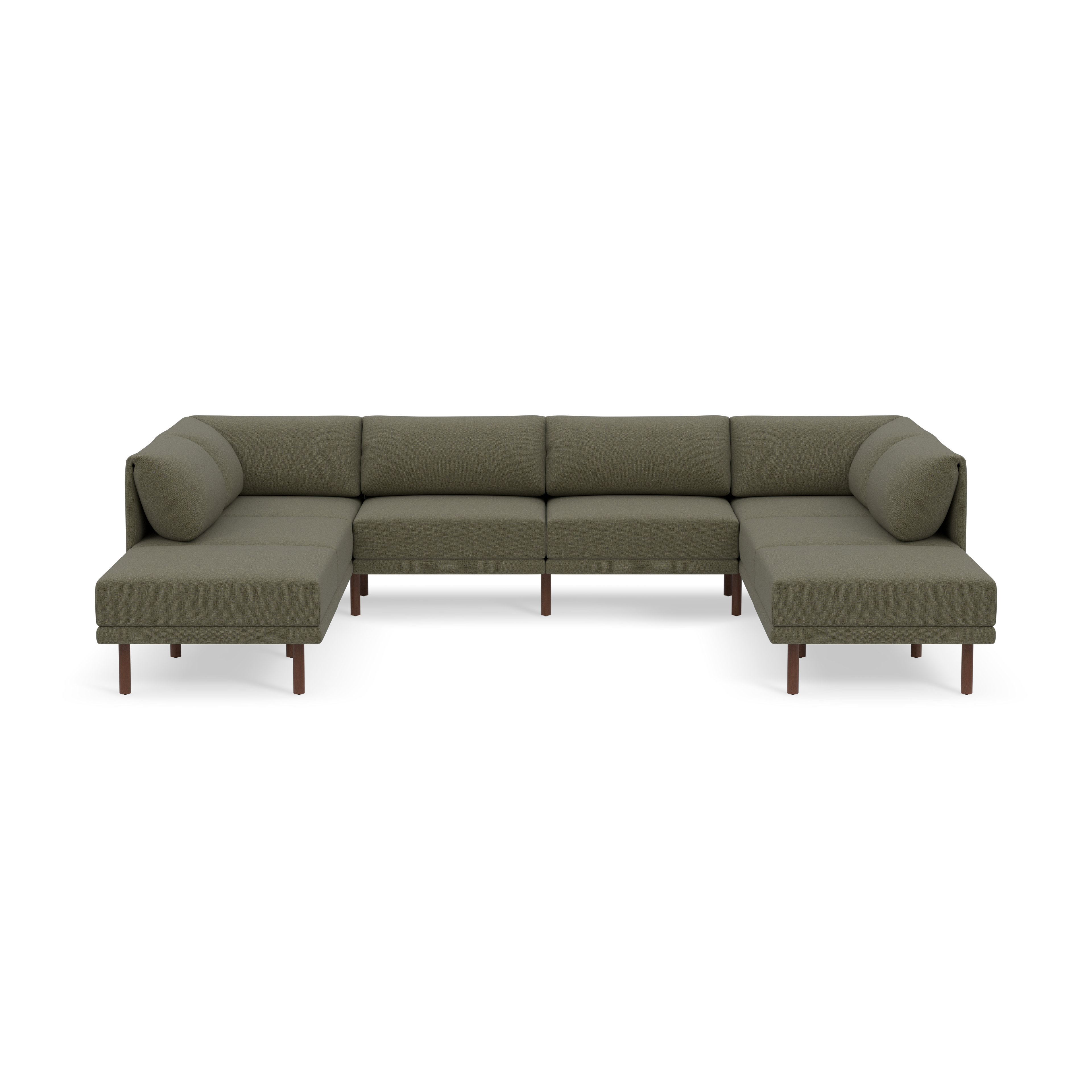 Modern Moss green L-shaped sectional sofa with rounded cushions and wooden legs, displayed on black background.