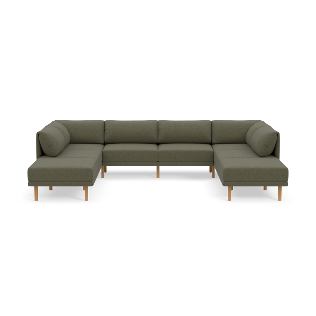 Large modern sectional sofa with Moss green fabric upholstery, wooden legs, and multiple cushioned seats and backrests.