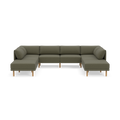 Large modern sectional sofa with Moss green fabric upholstery, wooden legs, and multiple cushioned seats and backrests.