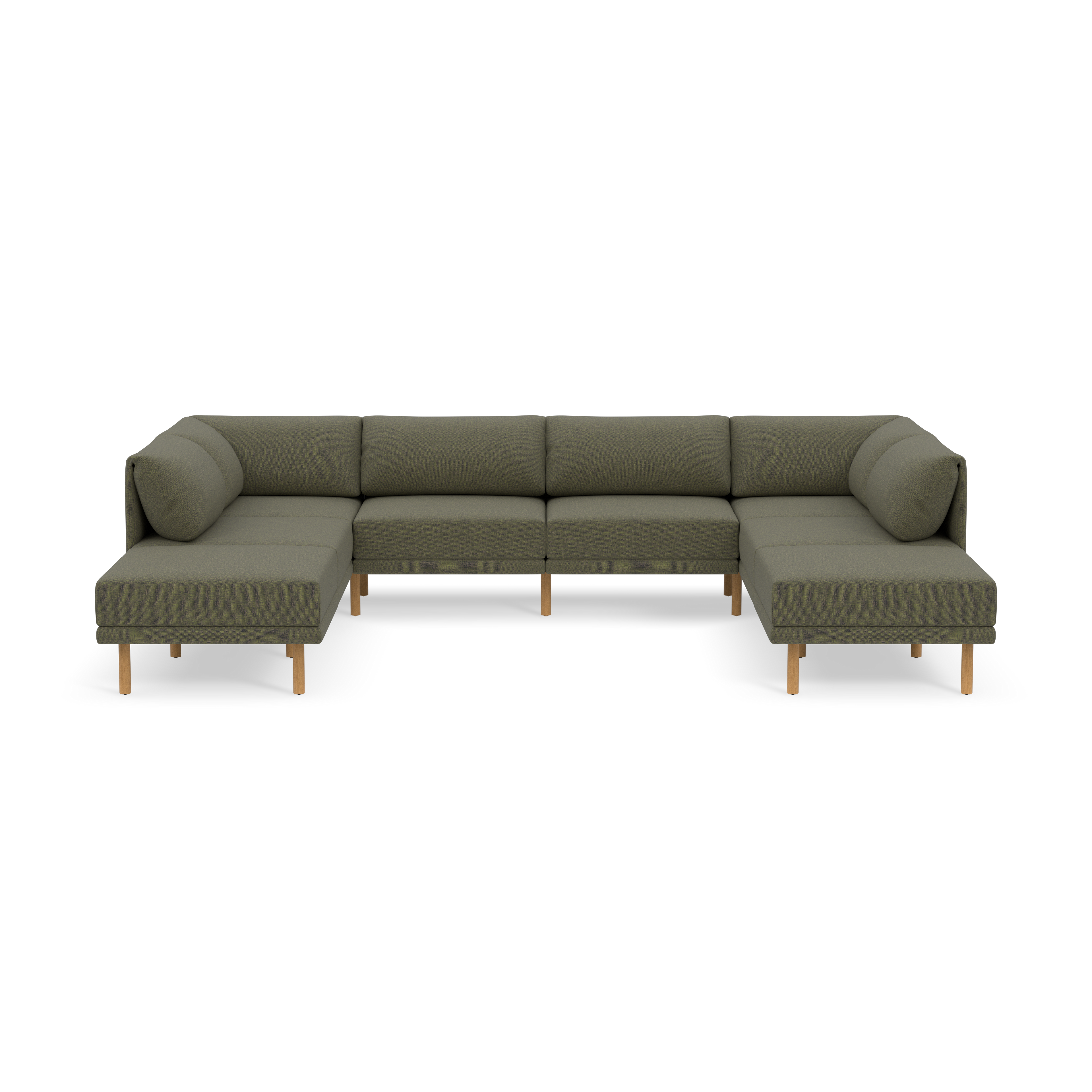 Large modern sectional sofa with Moss green fabric upholstery, wooden legs, and multiple cushioned seats and backrests.