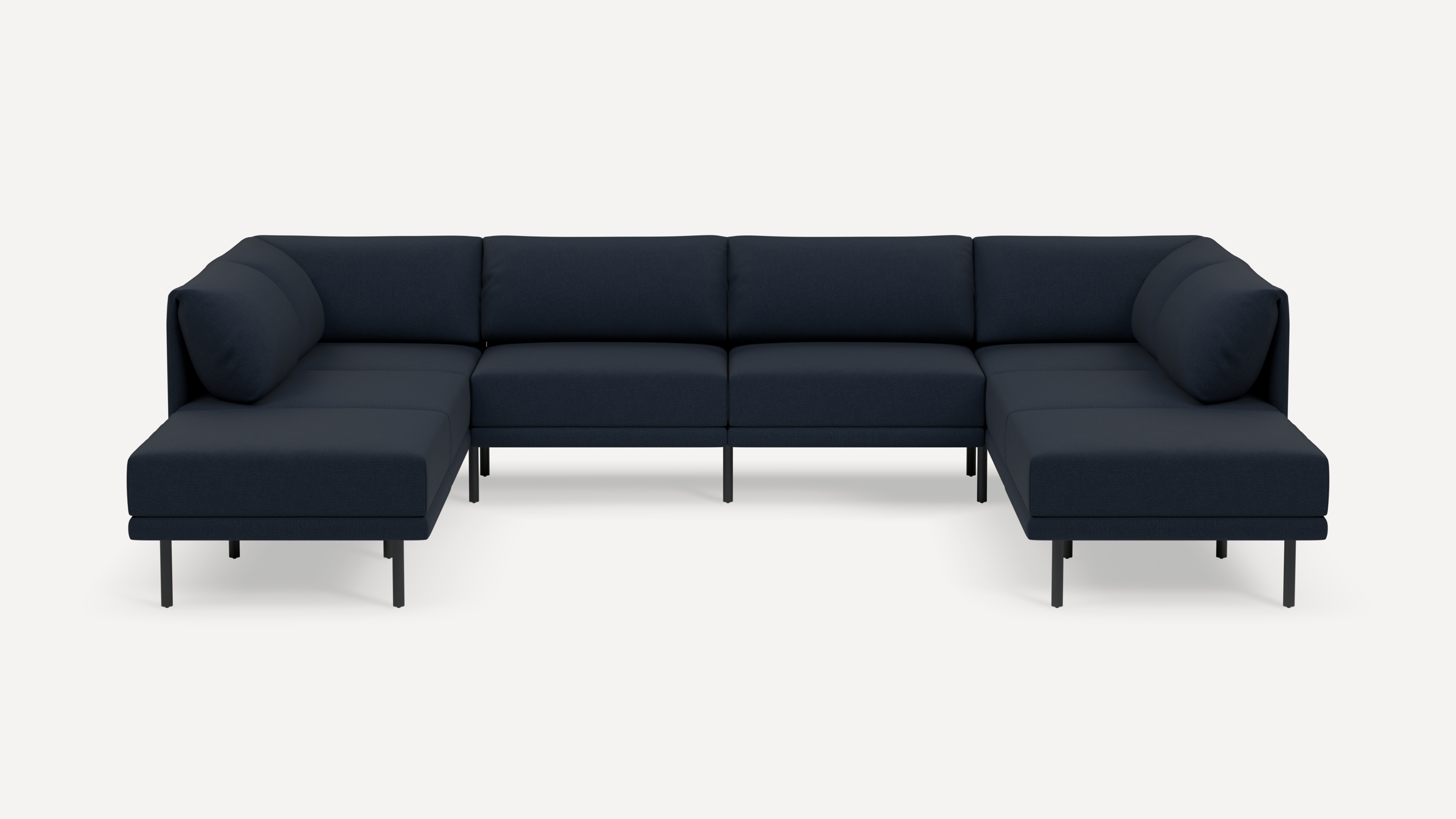 Modern navy blue U-shaped sectional sofa with slim black metal legs and plush cushions, designed for spacious seating.