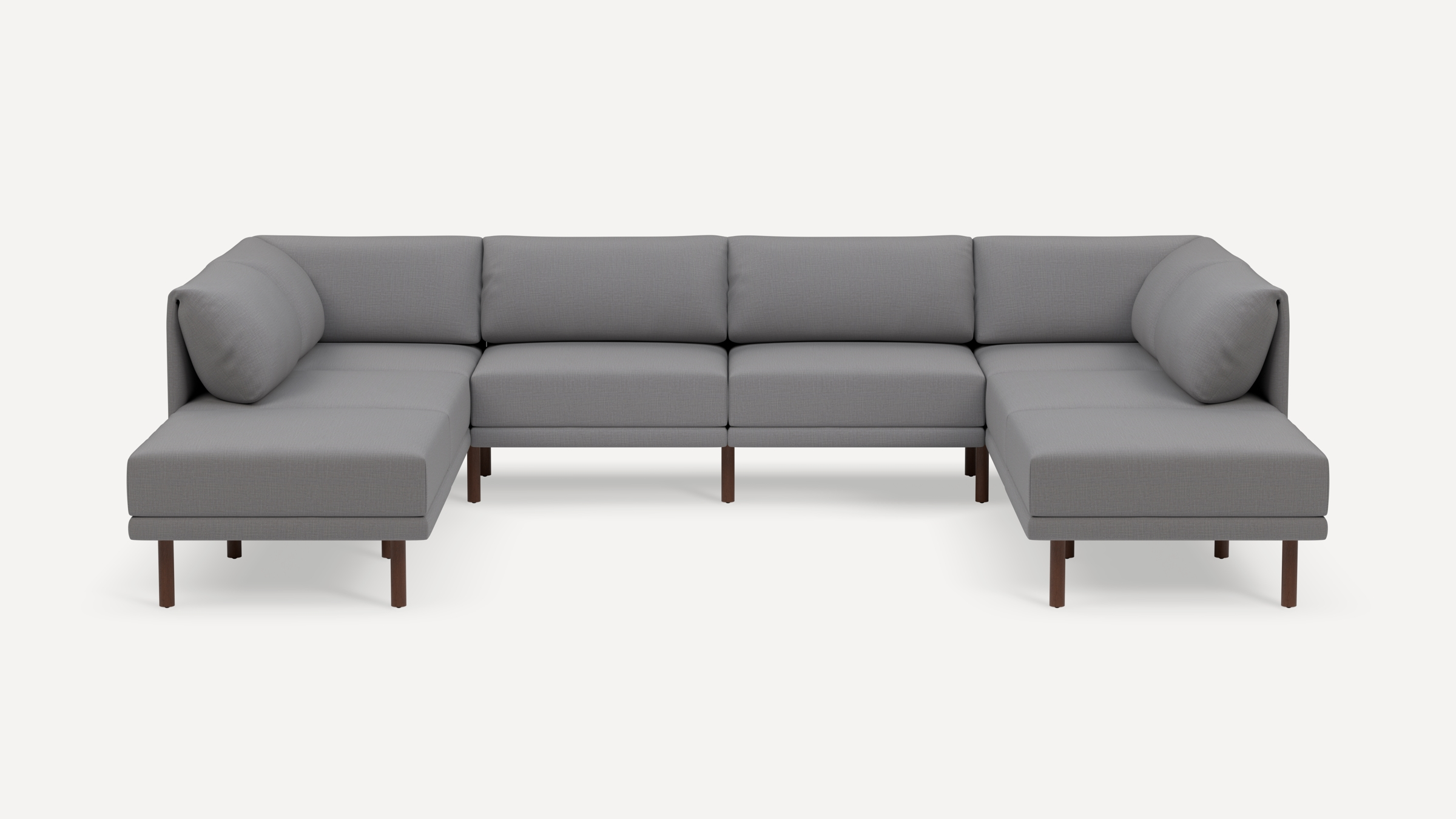Modern U-shaped sectional sofa upholstered in gray fabric with clean lines and wooden legs, designed for spacious seating.