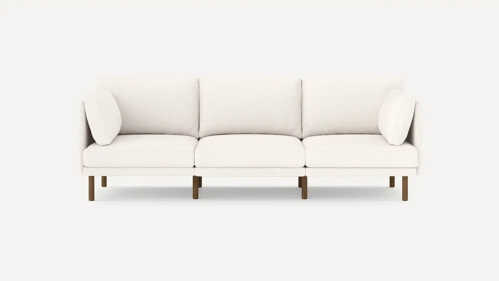 3 piece sofa with ivory fabric and walnut legs
