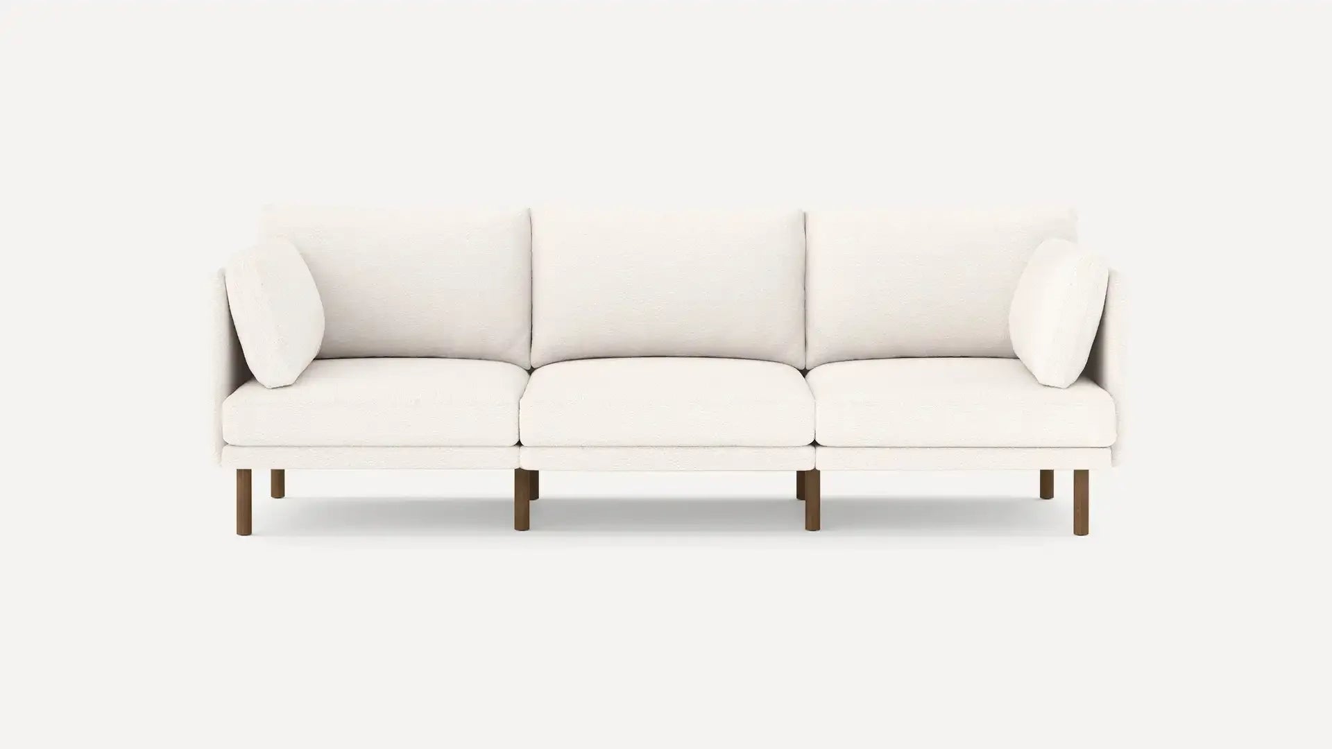 3 piece sofa with ivory fabric and walnut legs