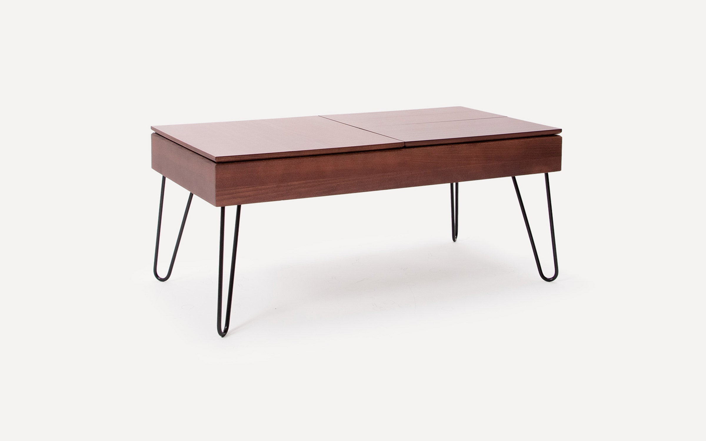 Rectangular wooden coffee table with dark brown finish and black hairpin metal legs, featuring a split top design.