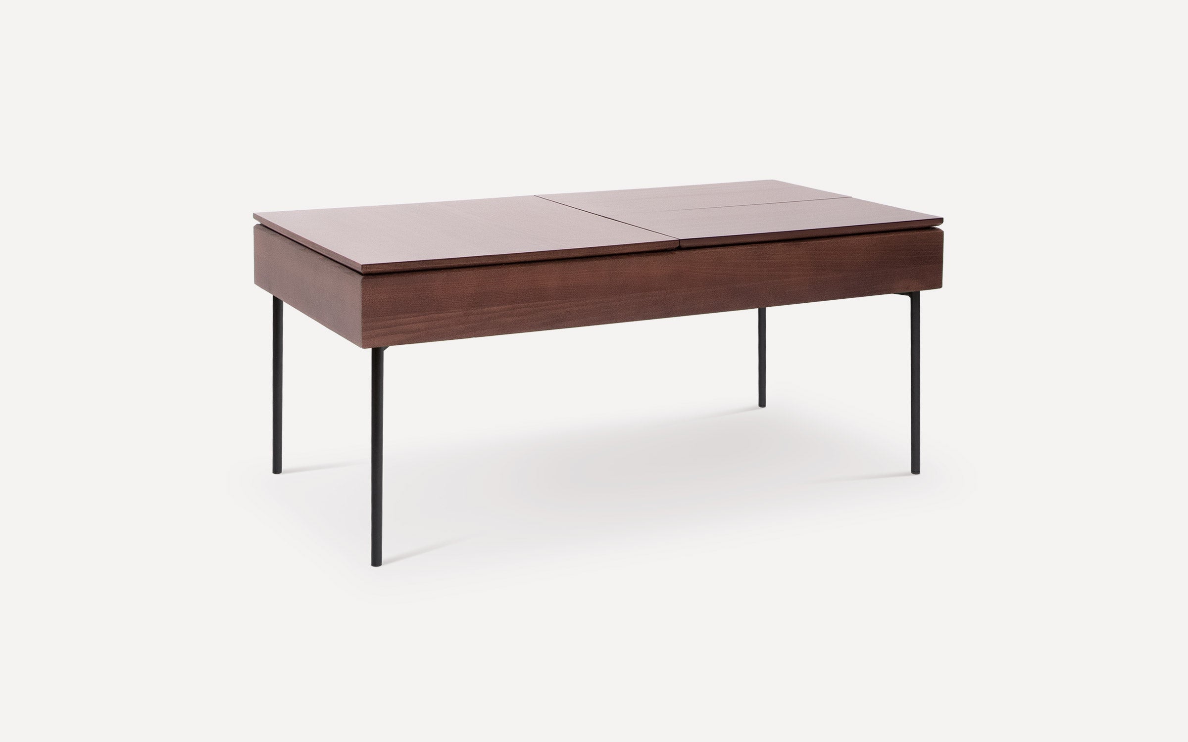 Modern rectangular wooden coffee table with a dark brown finish and slender black metal legs against a white background.