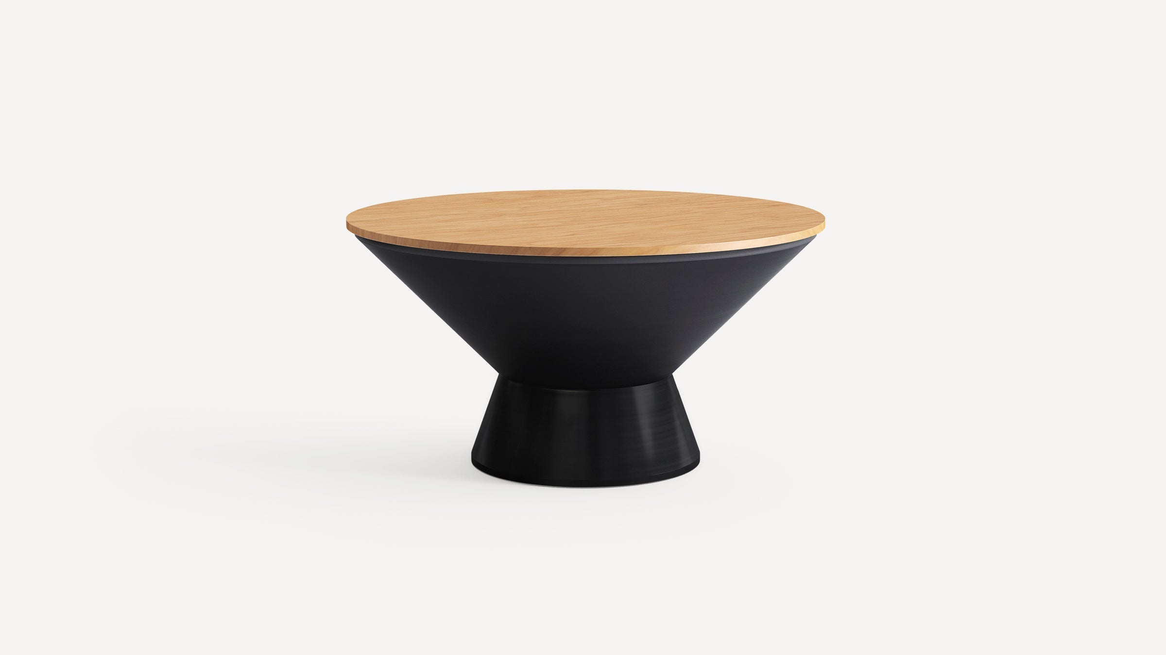 Round modern coffee table with a light wooden top and a black, hourglass-shaped base.
