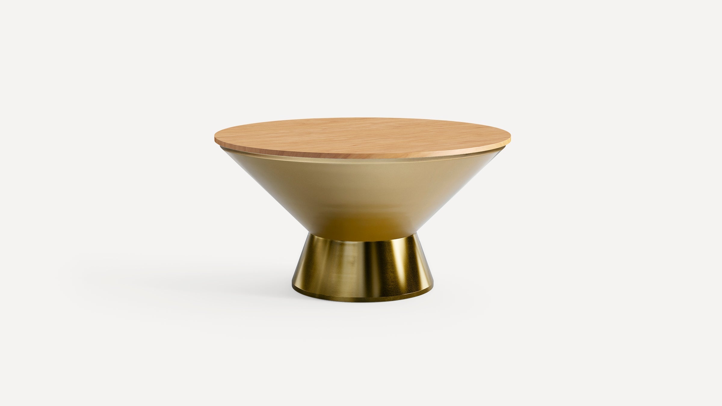 Round modern coffee table with a light wooden top and a gold metallic conical base against a white background.