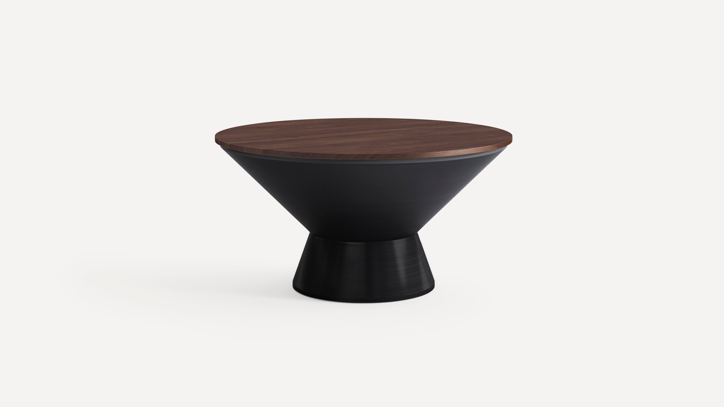 Round modern side table with a dark wooden top and black conical base, featuring a minimalist and sleek design.