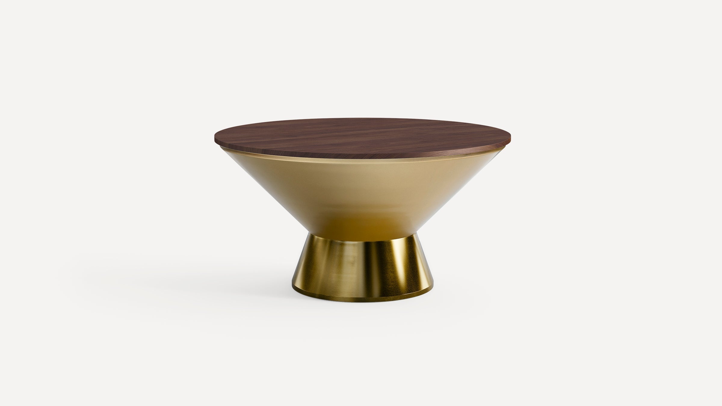 Round coffee table with a dark wooden top and a gold conical metal base, modern and stylish design.