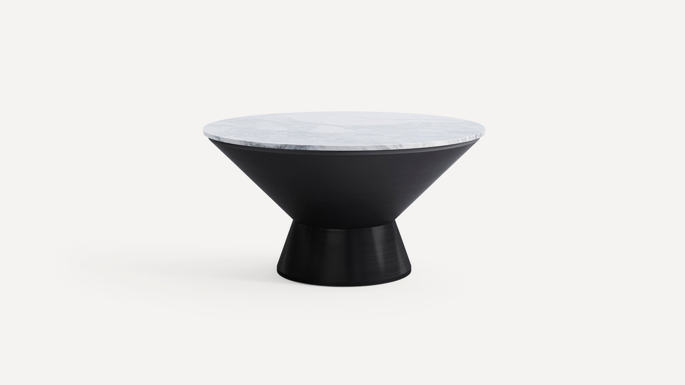 Modern round coffee table with a white marble top and a wide black conical base on a smaller cylindrical black pedestal.