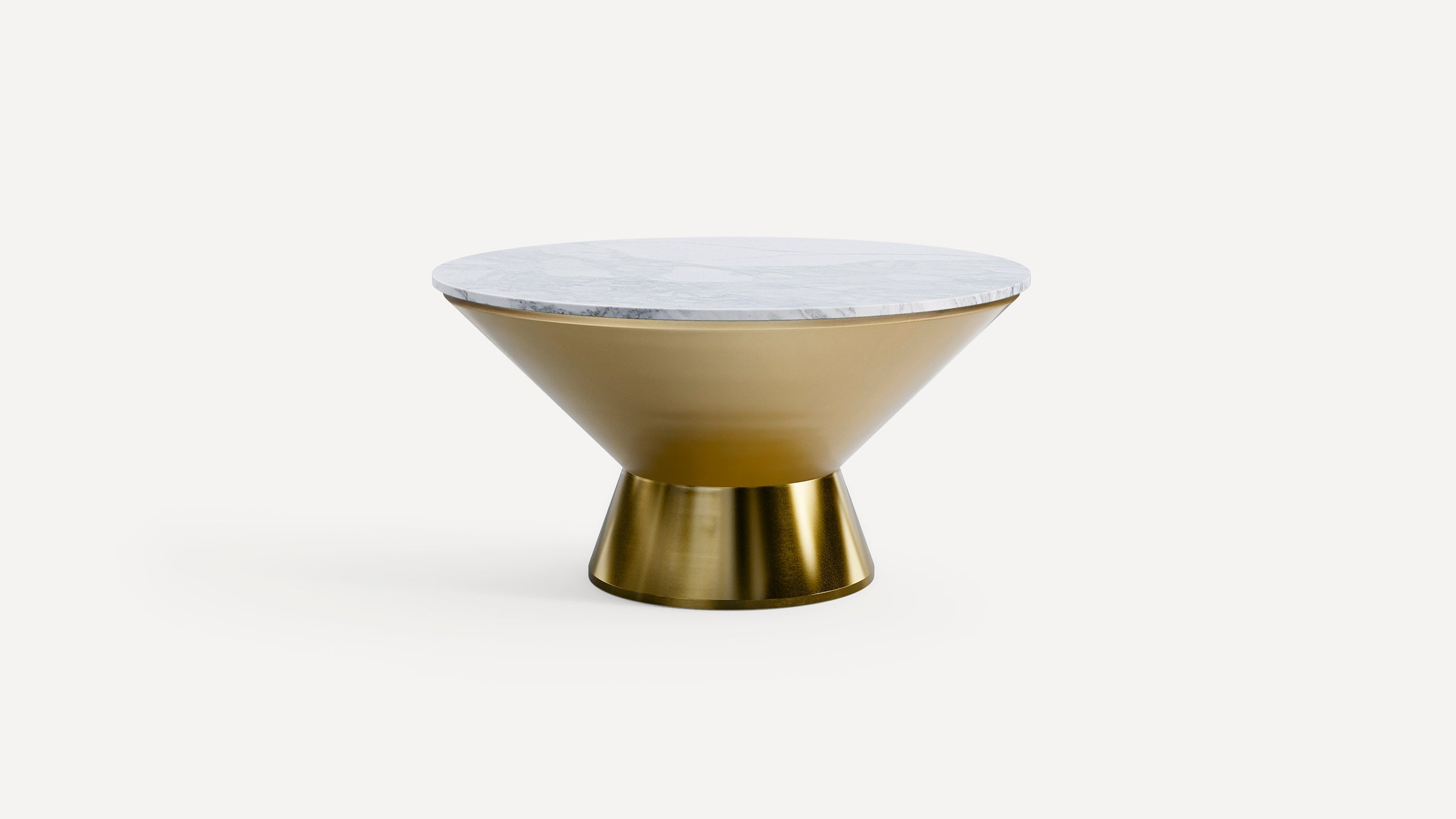 Round coffee table with a white marble top and a gold metallic conical base, modern and elegant design.