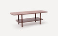 Rectangular wooden coffee table with rounded edges, featuring a lower shelf and four cylindrical legs in a dark brown finish.