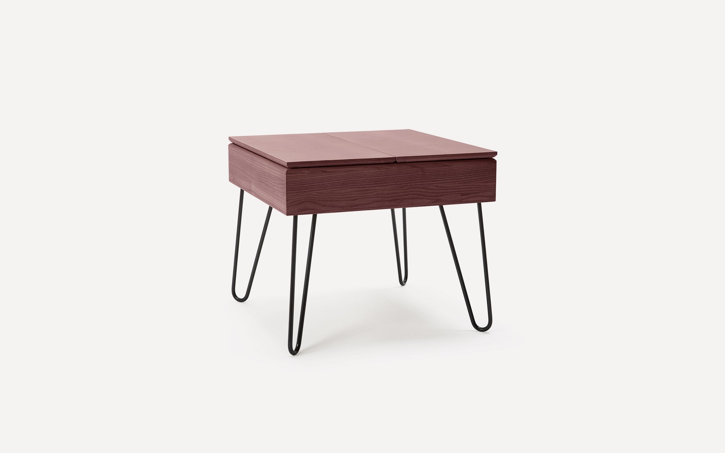 Square wooden side table with dark reddish finish, black metal hairpin legs, and a divided top surface.