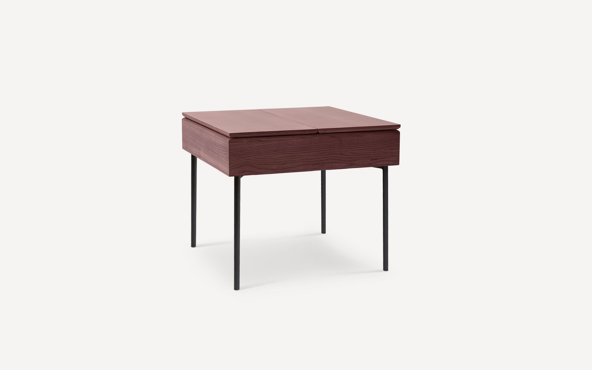 Square modern side table with dark wood top and thin black metal legs, minimalist design on white background.
