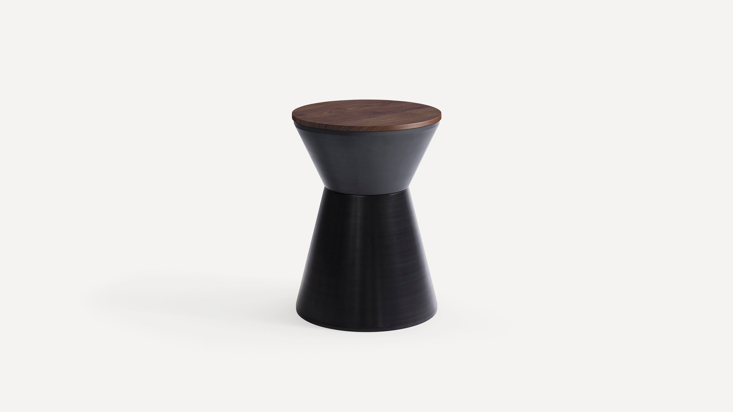 Modern black hourglass-shaped stool with a round wooden seat, featuring a sleek, minimalist design on a white background.