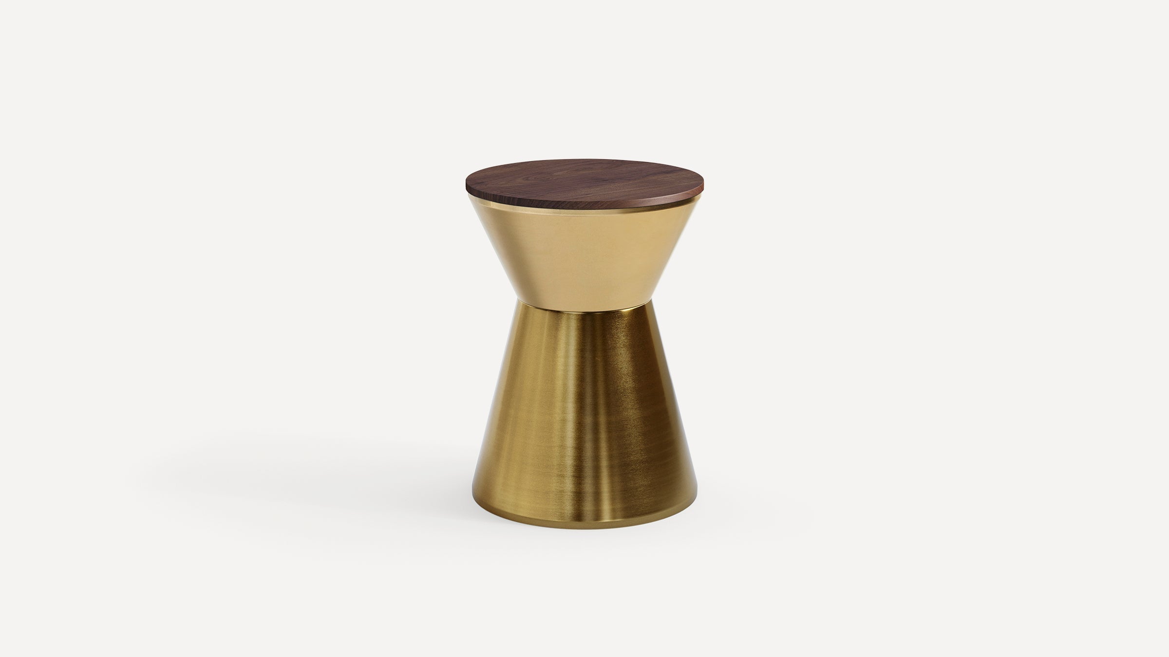 Small modern stool or side table with a conical brushed brass base and round dark wooden top.