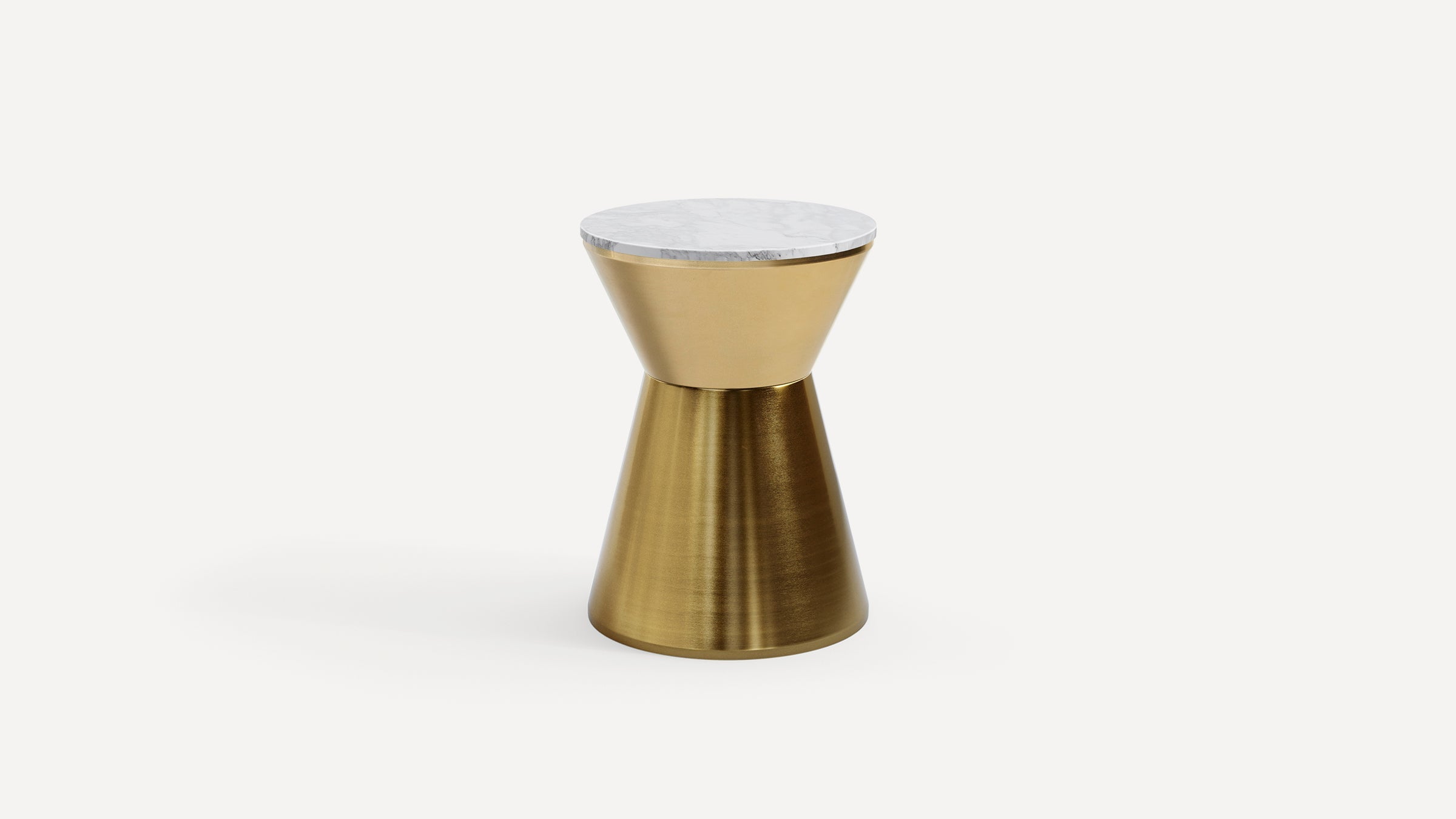 Modern hourglass-shaped side table with a brass-finished metal base and a round white marble top.