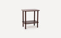 Dark brown wooden side table with square top and lower shelf, supported by four cylindrical legs.