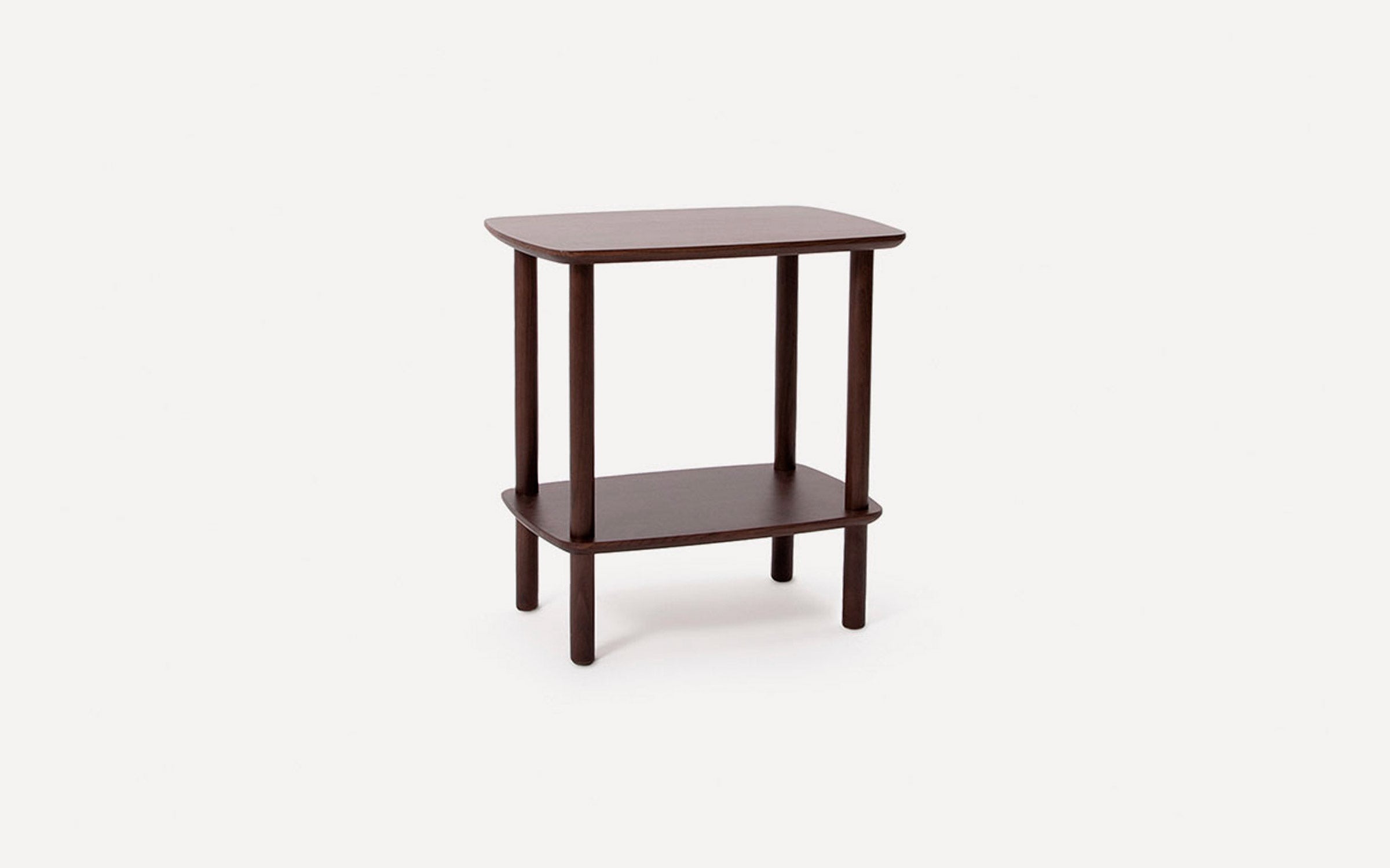 Dark brown wooden side table with square top and lower shelf, supported by four cylindrical legs.