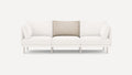 Modern three-seater sofa with white upholstery and a central beige back cushion, supported by light wooden legs.